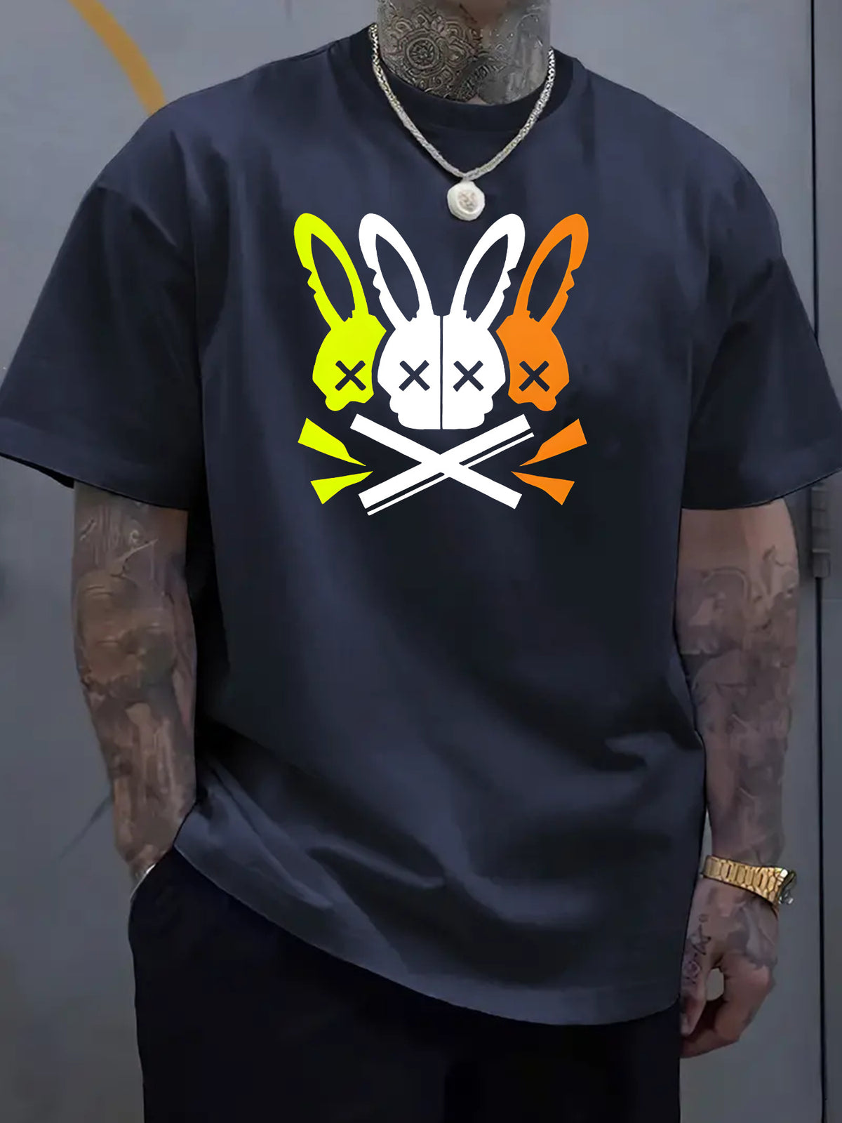 Unique Rabbit Skull Design Crew Neck Tee - Soft, Breathable Polyester, Machine Washable, Quick Drying, Perfect for Summer Outdoor Activities, Casual Daily Wear, and Rabbit Lovers
