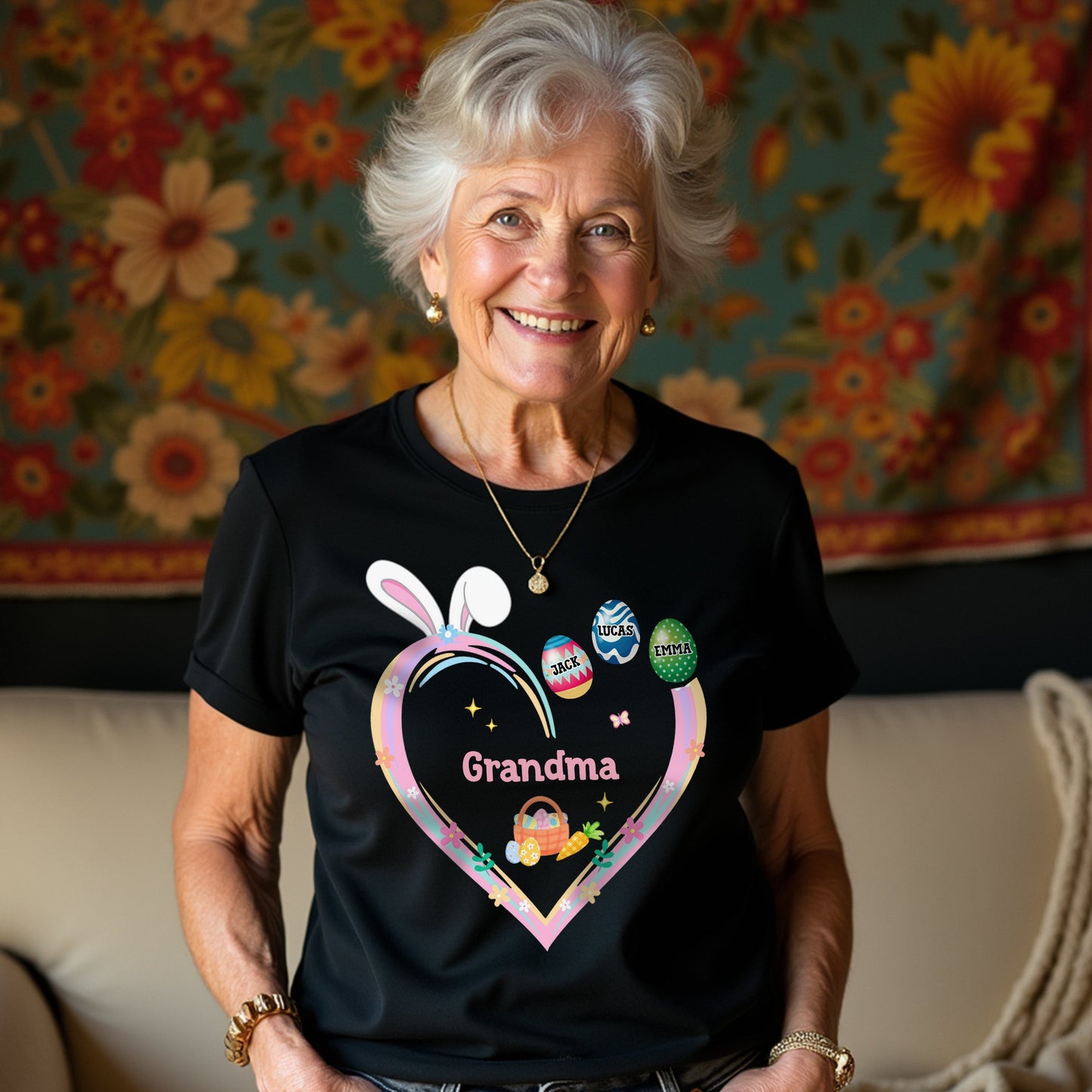 Grandma Easter Heart With Grandkids Bunny Dark Sweatshirt Personalized Gift HO82 893538
