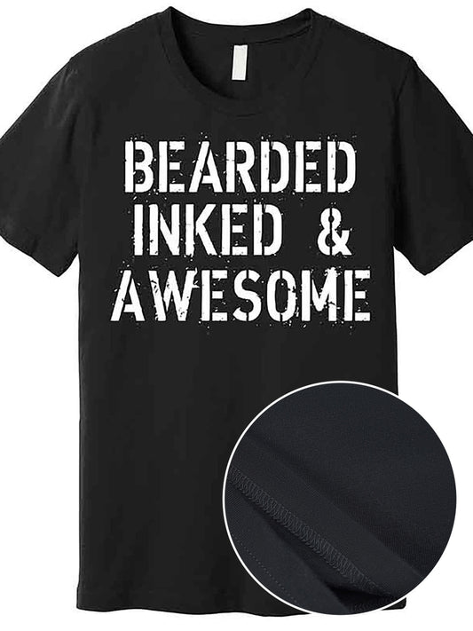 VLANMON Bearded Inked & Awesome Beard Tattoo Logo Premium Men’s Short Sleeve Graphic T-Shirt - 100% Cotton, Soft & Comfortable, Regular Fit, Round Neck, Machine Washable, Funny Black Design, AA Size