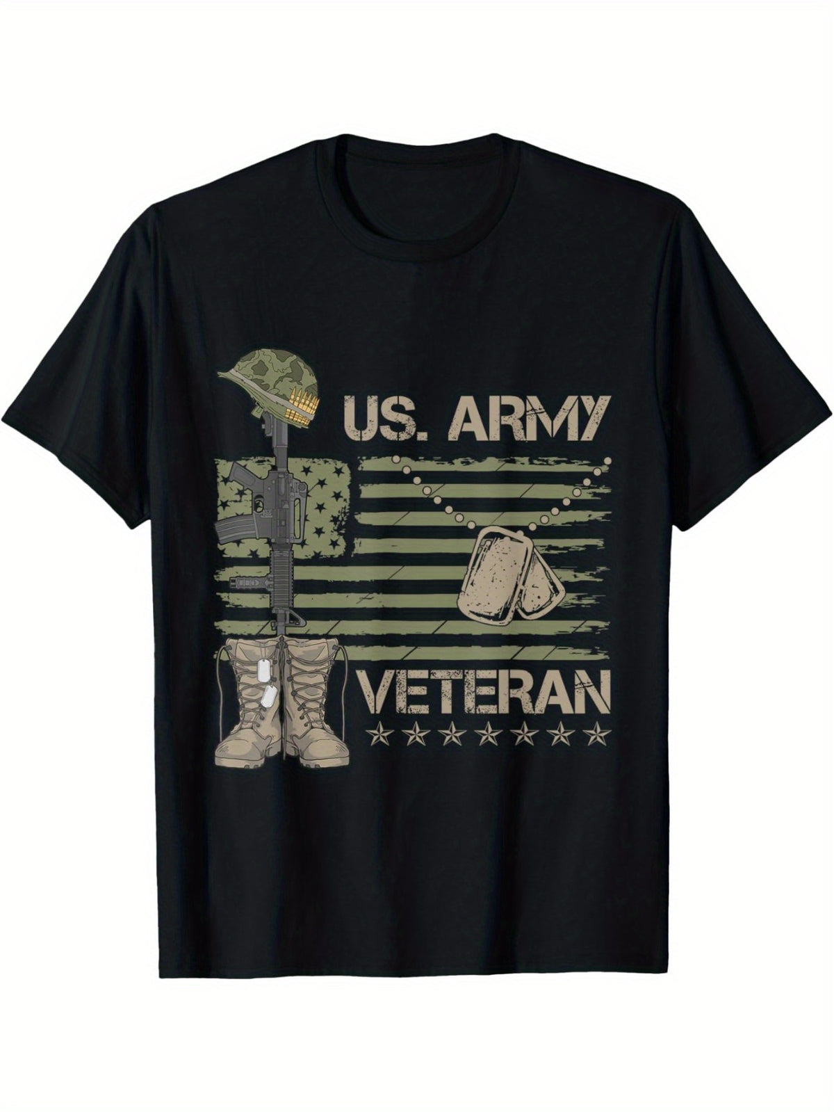 1pc EWH Men'S Casual Cotton T-Shirt with U.S. Army Veteran Print, Crew Neck, Slight Stretch, All-Season Loose Fit, Patterned Knit Fabric