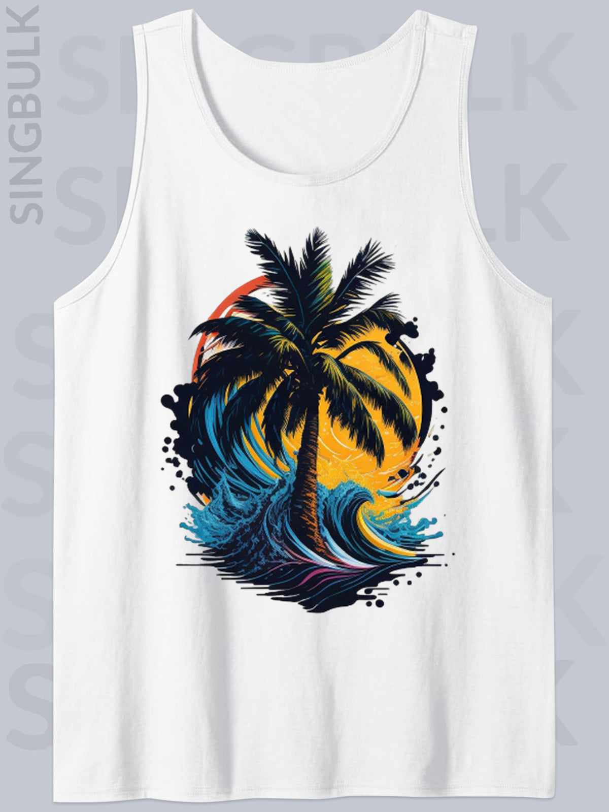 Men's Cotton Sleeveless Tank Top with Vibrant Palm Tree Graphic – Relaxed Fit, Casual Crew Neck for Outdoor Summer Fun, Summer Tank Tops