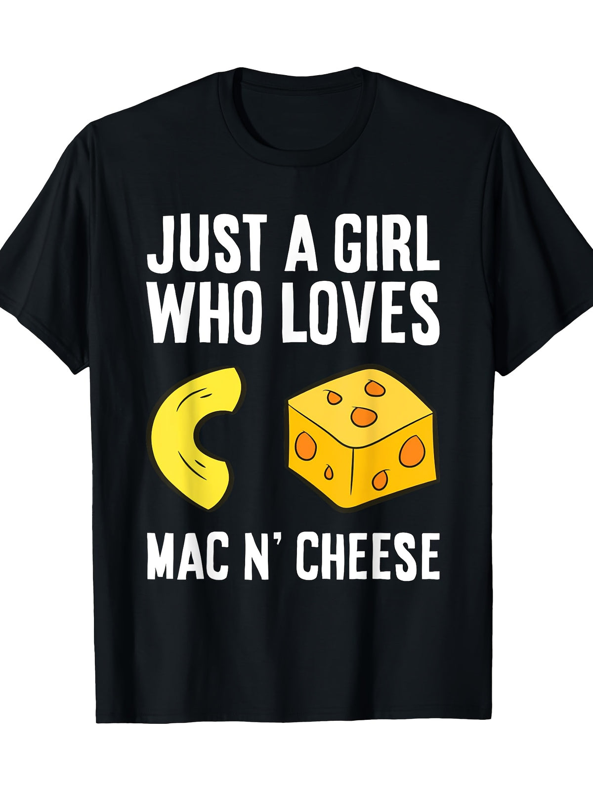 Just a Girl Who Loves Mac & Cheese" - Women's Black Cotton T-Shirt, 100% Pure Cotton, Casual Fit with Short Sleeves, Round Neck - Perfect for All Seasons