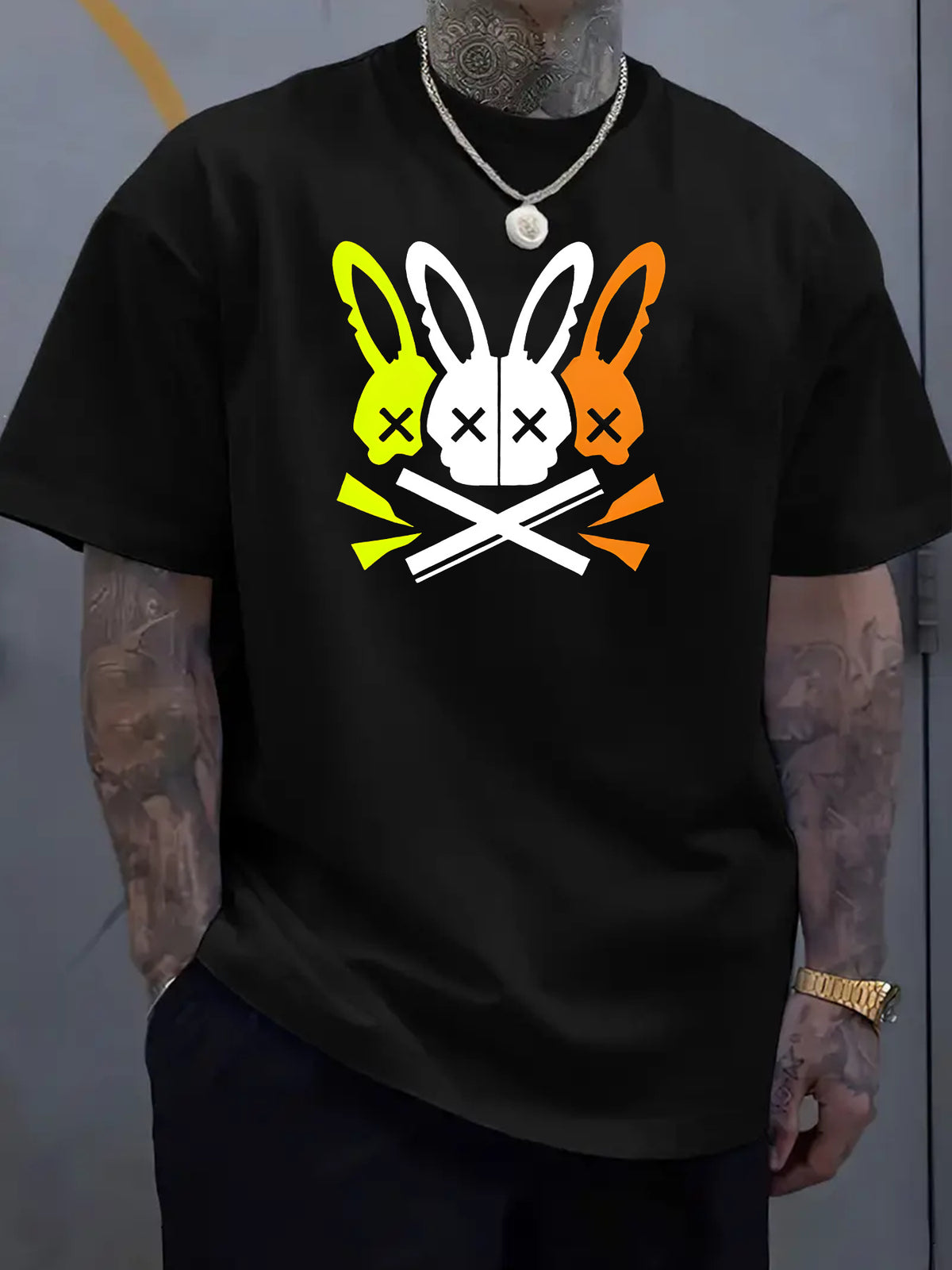 Unique Rabbit Skull Design Crew Neck Tee - Soft, Breathable Polyester, Machine Washable, Quick Drying, Perfect for Summer Outdoor Activities, Casual Daily Wear, and Rabbit Lovers