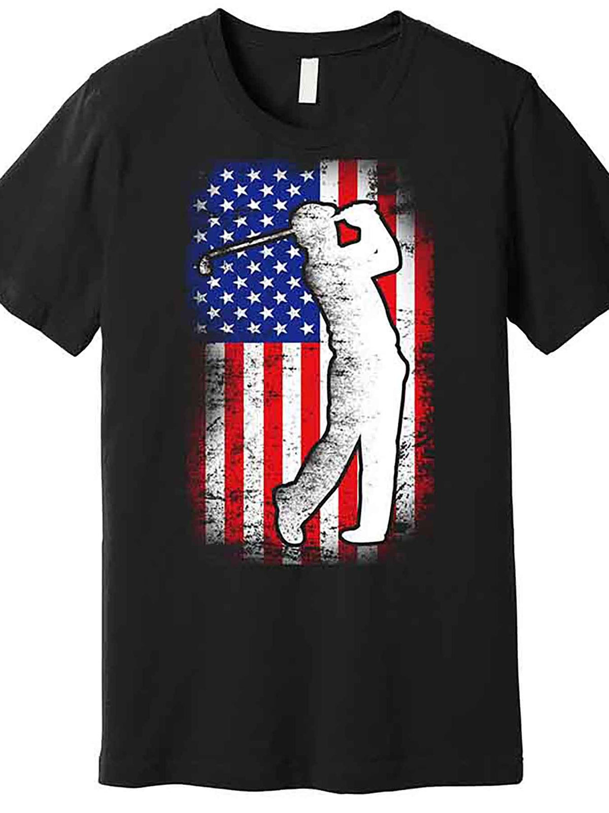 Men’s American Golf Flag Graphic T-Shirt - Patriotic Black Short Sleeve Cotton Tee with Golf Silhouette & Distressed American Flag Design, Casual Round Neck, Machine Washable
