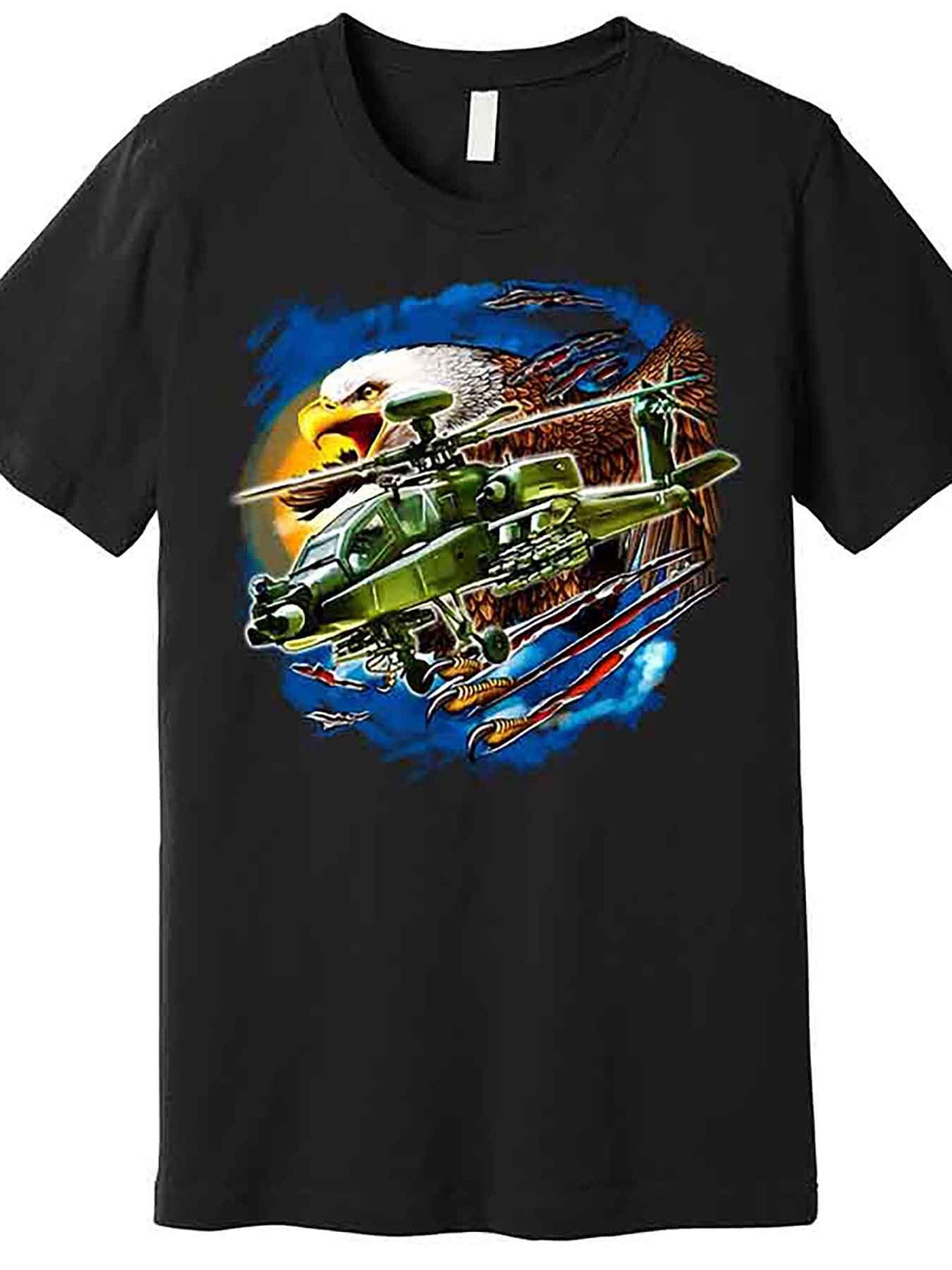 Apache Eagle Graphic Men’s T-Shirt - Black Casual Short Sleeve Crewneck with Vibrant Military Aircraft Design, Machine Washable, Comfort Fit for Casual Attire