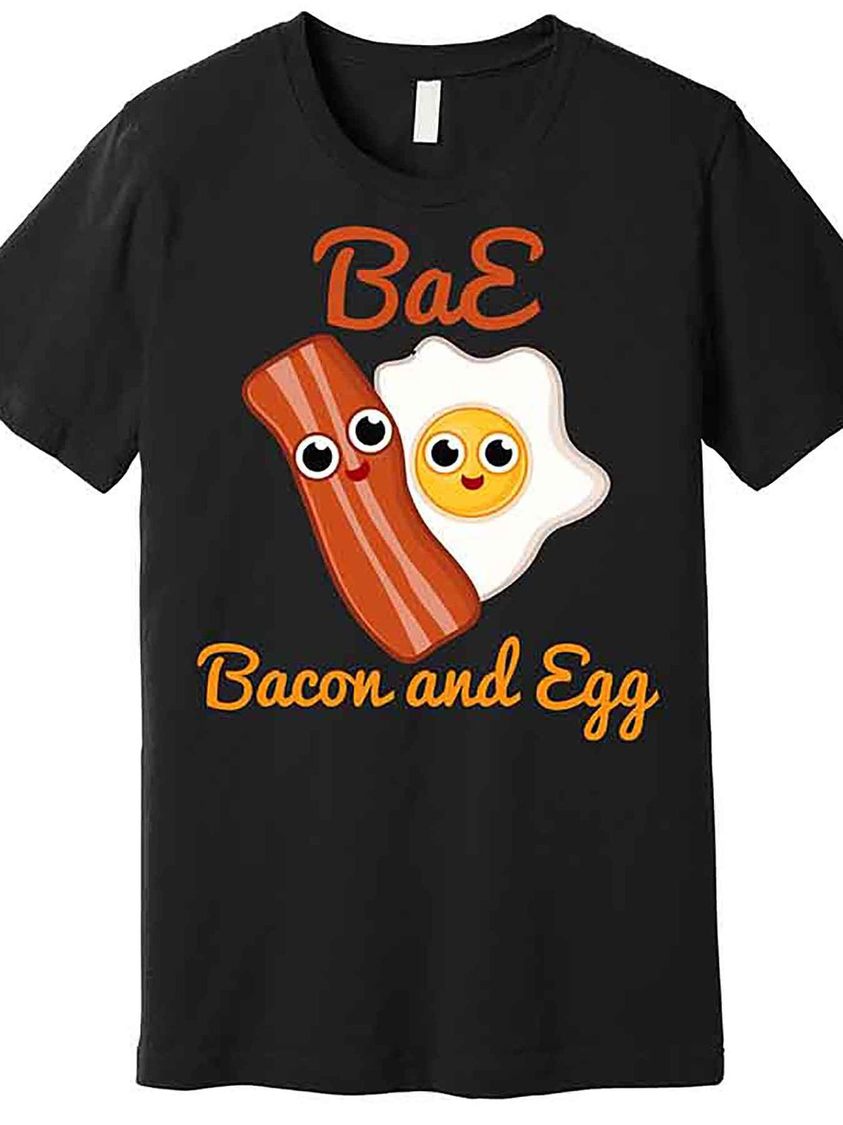 Funny 'Bae Bacon and Eggs' Graphic Men’s T-Shirt - Black Cotton Short Sleeve, Casual Round Neck, Machine Washable, Playful Breakfast Design with Smiling Faces, Perfect for Best Friends or Casual Wear