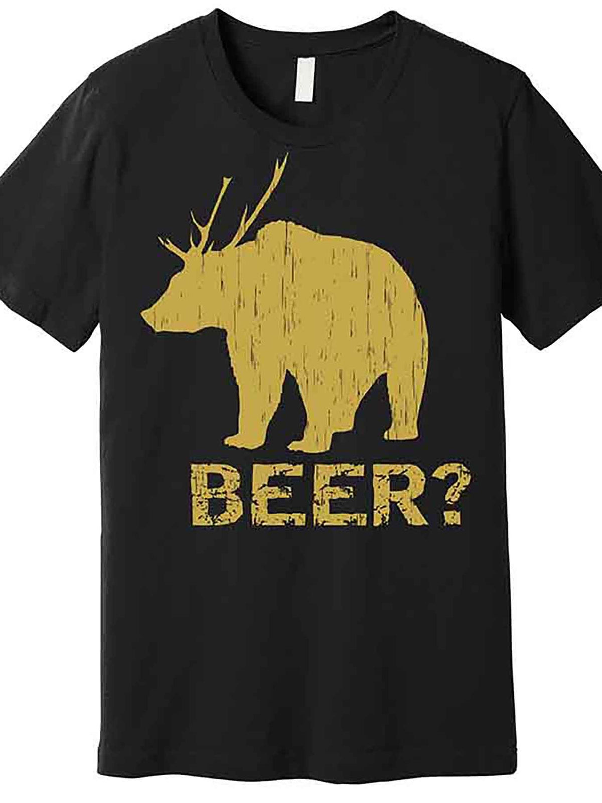 Men's Funny Deer Bear Beer Graphic T-Shirt - Hunting & Outdoor Humor Design, Premium Soft Stretch Fabric, Regular Fit Short Sleeve Tee, Machine Washable Black Casual Shirt, Humorous Apparel, Playful Design, Medium Elasticity