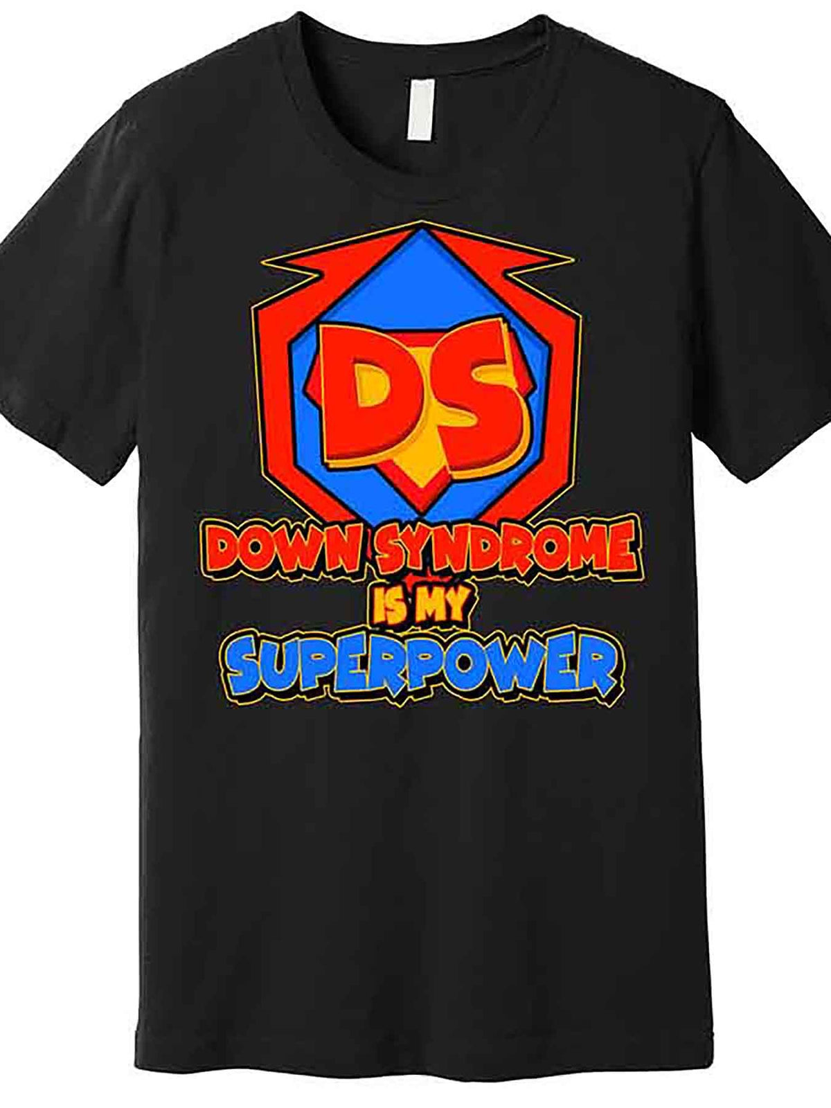Syndrome Awareness Cotton T-Shirt, 100% Crew Neck Casual Tee with "Superpower" Applique, Medium Stretch Knit Fabric, Solid Color Short Sleeve Graphic Shirt for Men - Black