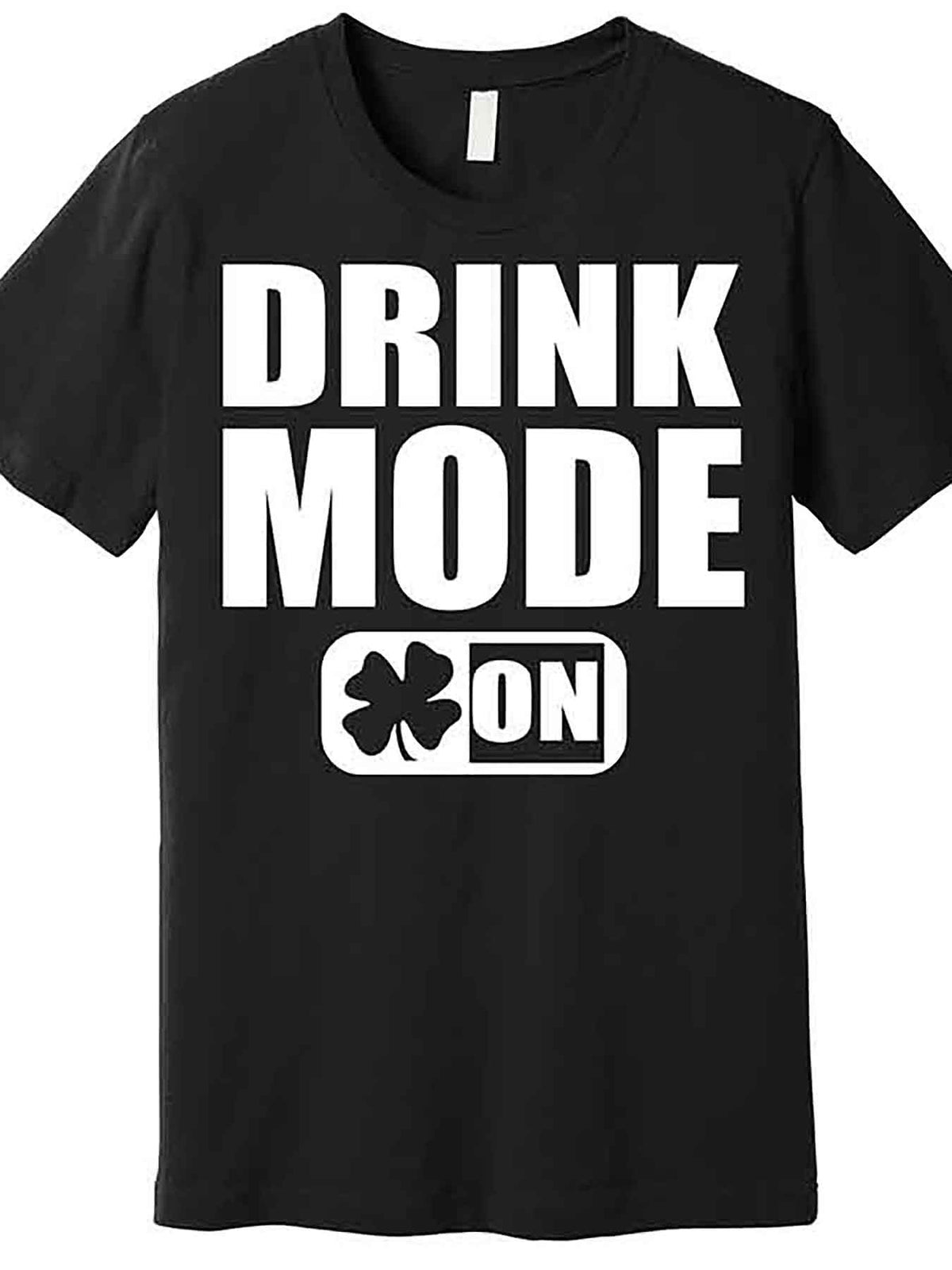 Men’s "Drink Mode On" Graphic T-Shirt - Funny St. Patrick’s Day Casual Cotton Tee, Black with White Lettering & Four-Leaf Clover Design, Short Sleeve, Round Neck, Machine Washable
