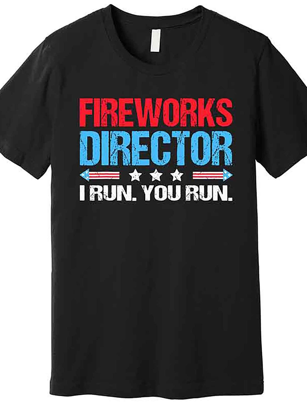 Men’s "Fireworks Director" Graphic T-Shirt - Funny Short Sleeve Crewneck, Black Cotton Casual Tee with Bold Red & Blue Print, Machine Washable, Summer Attire | Crewneck Tshirt | Tee, VLANMON