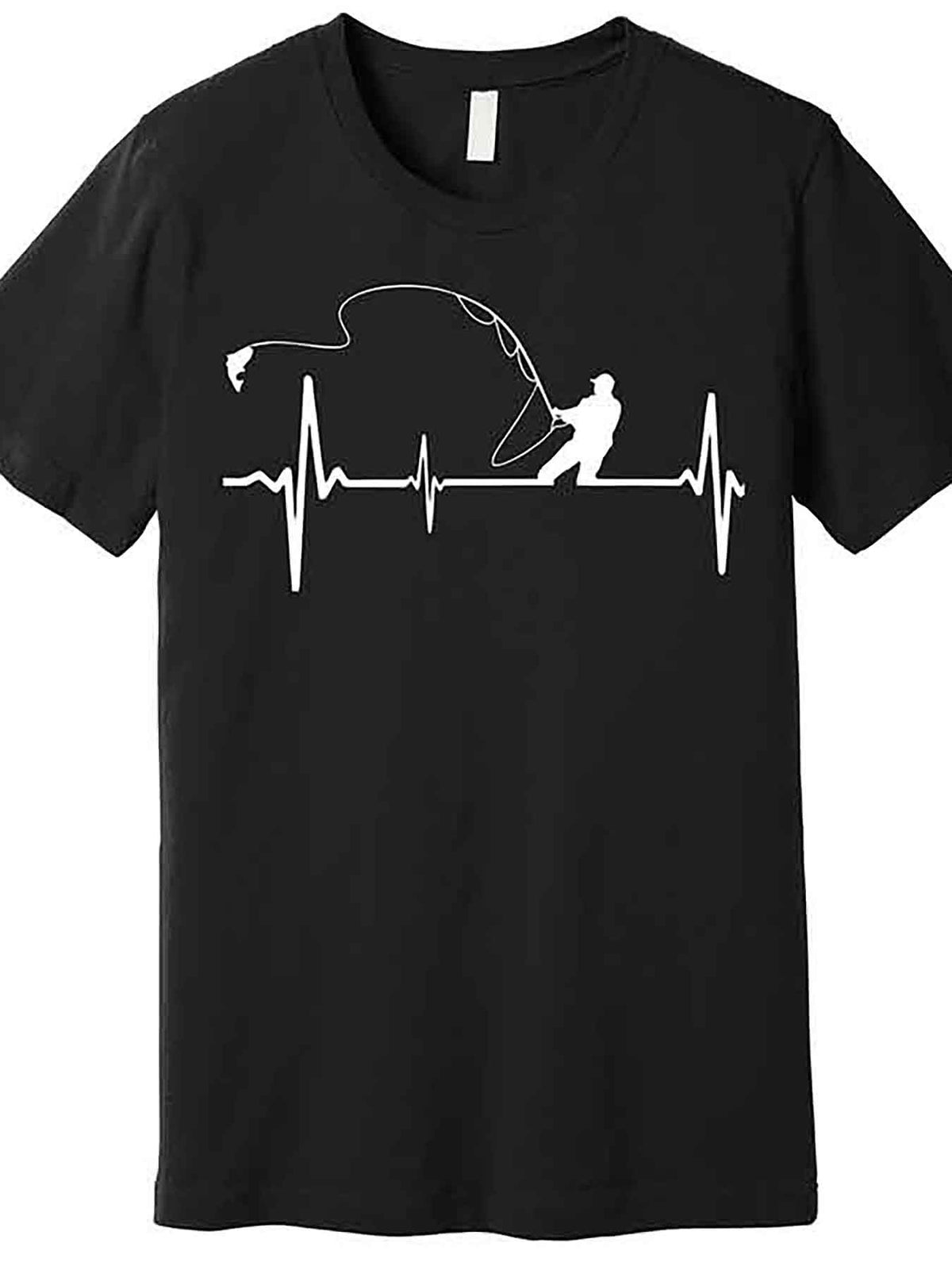 Men’s Fly Fishing Heartbeat Graphic T-Shirt - Black Short Sleeve Cotton Tee with Unique Angler Design, Casual Round Neck, Machine Washable, Fishing Shirt