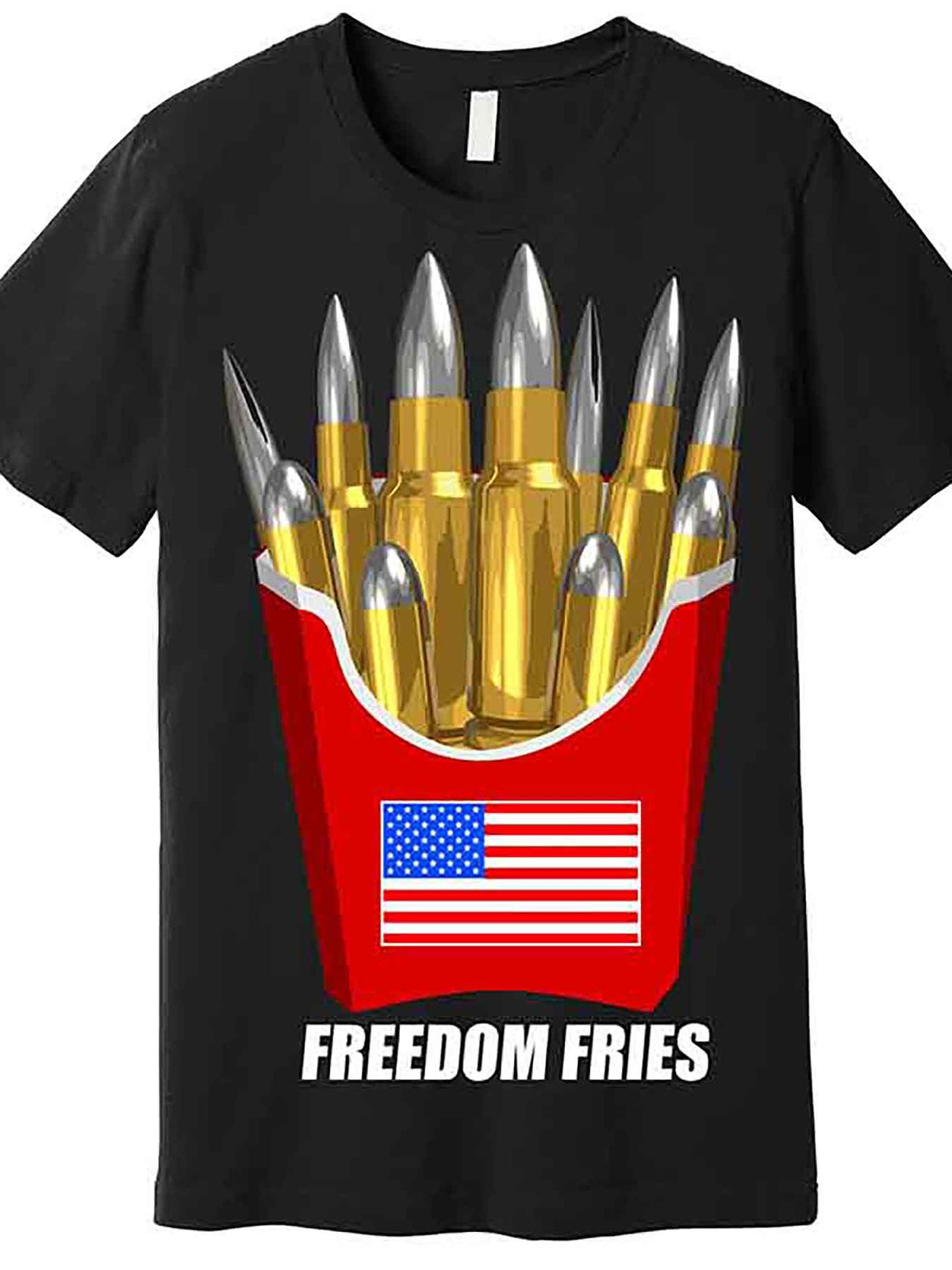 Freedom Fries Graphic Men’s T-Shirt - Black, Funny Short Sleeve Crewneck with Bullet & Flag Design, 100% Cotton, Casual Patriotic Theme, Machine Washable, Humorous Apparel | Bold Print Shirt |