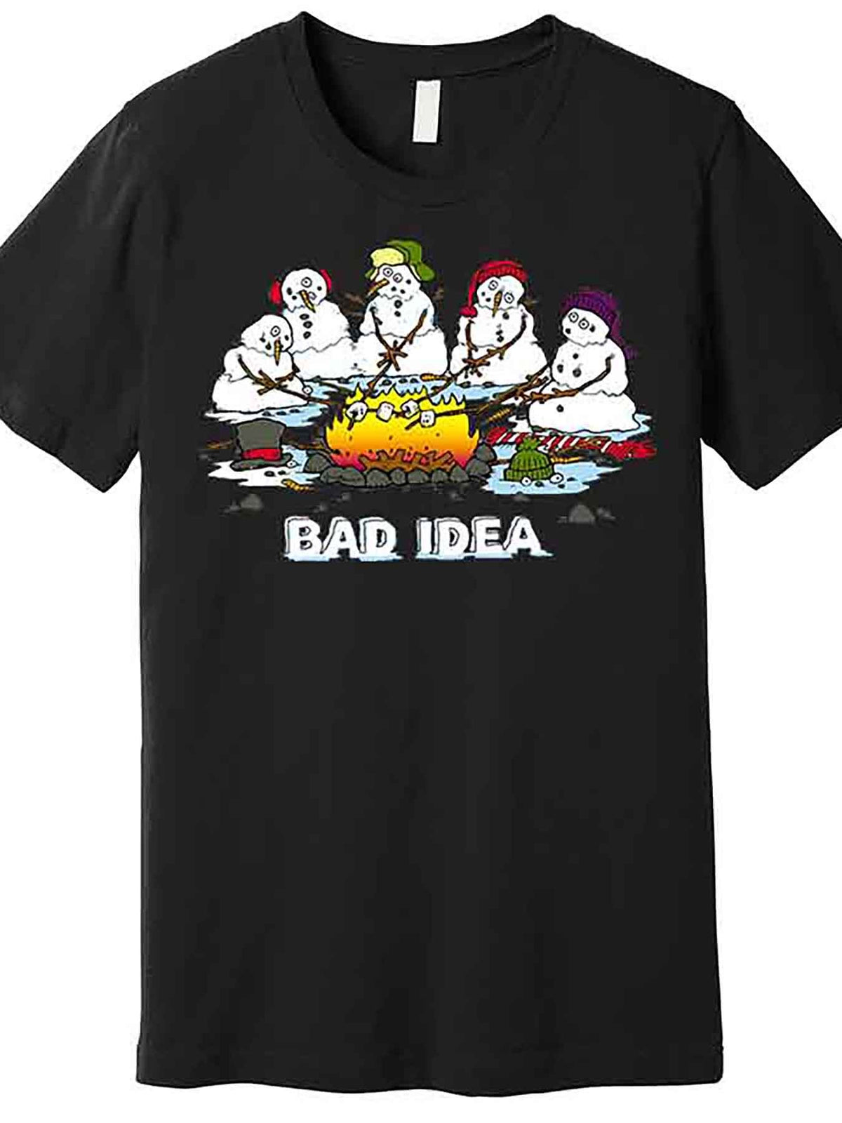 Men’s Funny "Bad Idea" Snowman Christmas Graphic T-Shirt - Black Short Sleeve Cotton Tee with Unique Snowman Design, Casual Fit, Machine Washable, Festive Apparel | Playful Snowman Print | Smooth Texture Tee