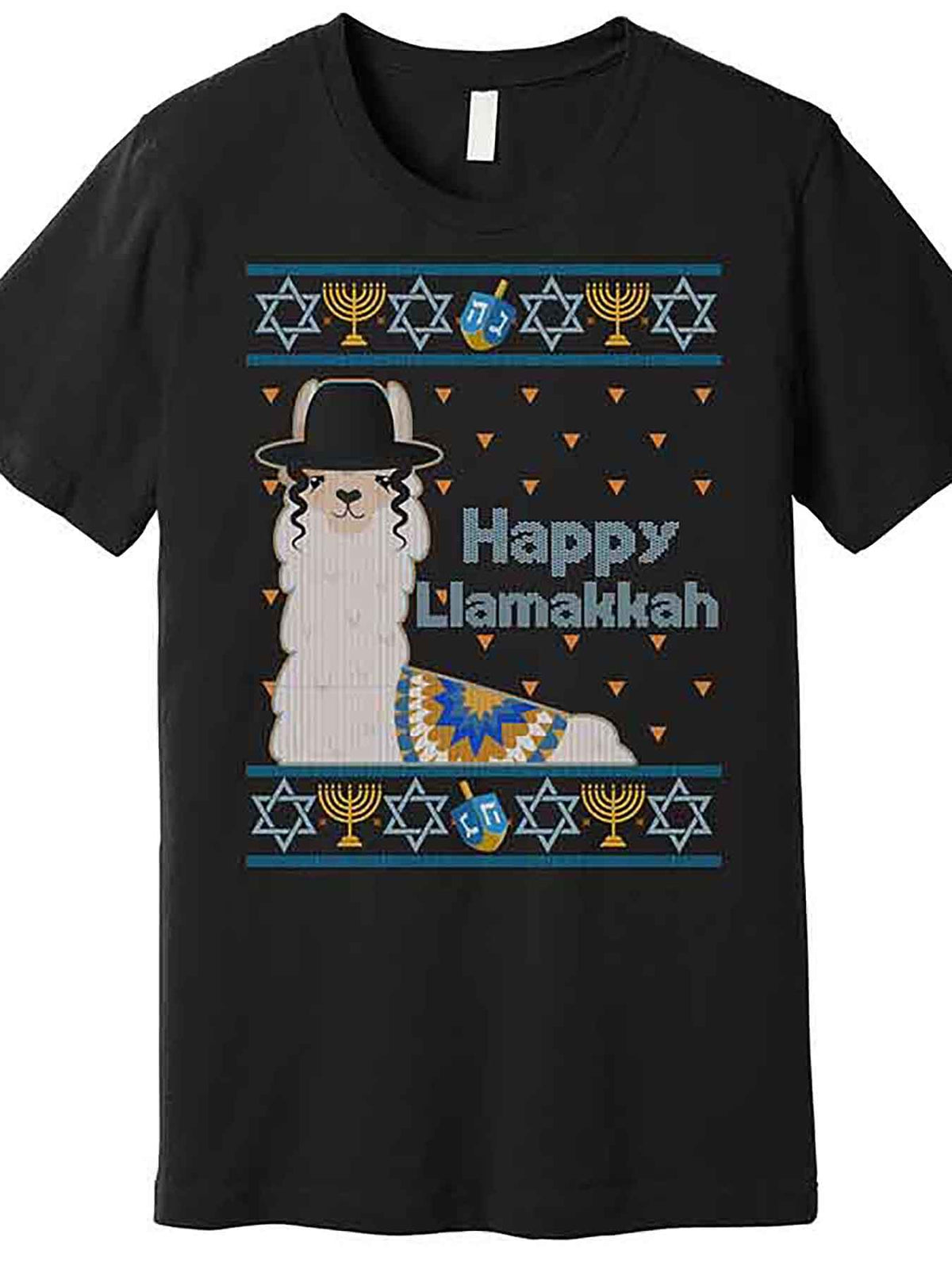 Men’s Happy Llamakkah Graphic T-Shirt – Funny Hanukkah Sweater Design with Festive Llama & Menorah Print, Black Cotton Short Sleeve Casual Tee for Holiday Celebrations, Hanukkah Apparel | Casual Round Neckline | Medium Elasticity Fabric