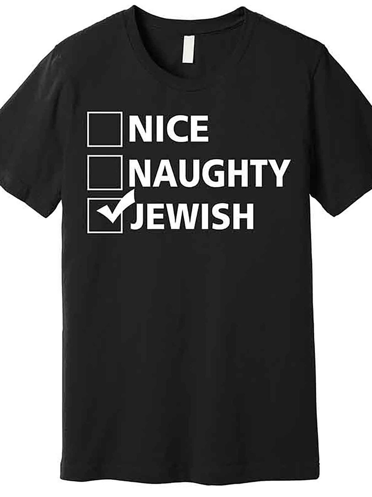 Men’s Funny Hanukkah Graphic T-Shirt - "Nice, Naughty, Jewish" Design, Black Cotton Short Sleeve, Casual Comfort Fit, Machine Washable, VLANMON