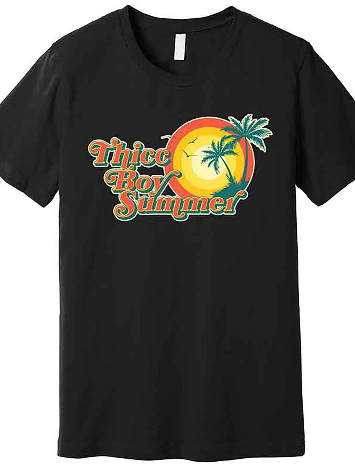 Men’s Retro "Thicc Boy Summer" Graphic T-Shirt - Black Casual Short Sleeve Cotton Tee with Vibrant Palm Tree & Sun Design, Machine Washable, Casual Wear Tee | Retro Graphic Tee | Glossy Finish, Tee Shirts