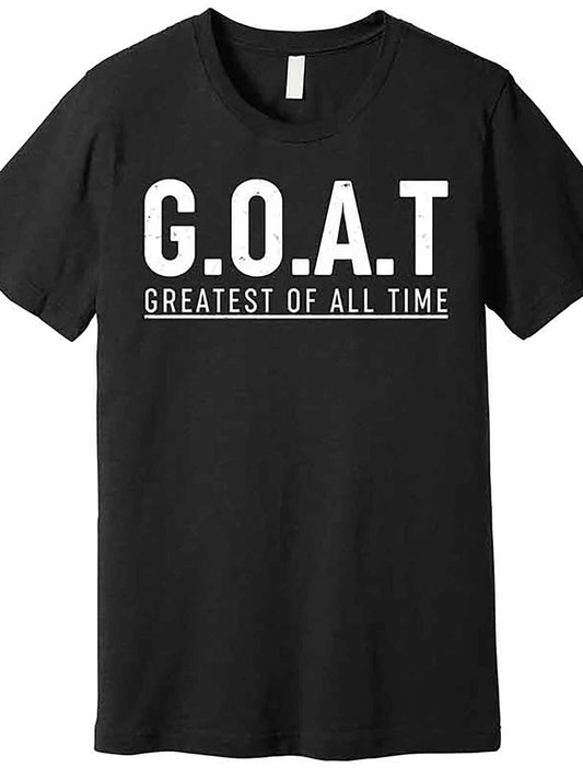 GOAT Greatest of All Time Graphic T-Shirt for Men, 100% Cotton, Black Short Sleeve Crew Neck Tee with Bold White Applique Design, Regular Fit, Medium Stretch Woven Fabric, Casual Style, Solid Color, Machine Washable