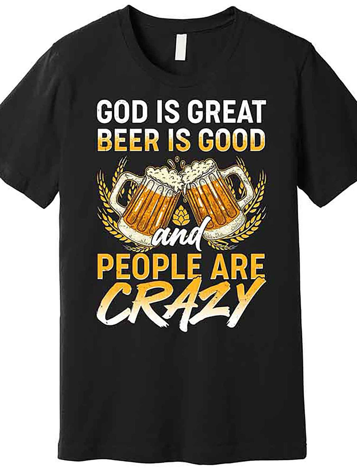 Funny 'God Is Great, Beer Is Good, People Are Crazy' Men’s Graphic T-Shirt - Black Casual Short Sleeve Tee with Beer Mug & Wheat Design, Machine Washable, Round Neck, Medium Stretch Fabric