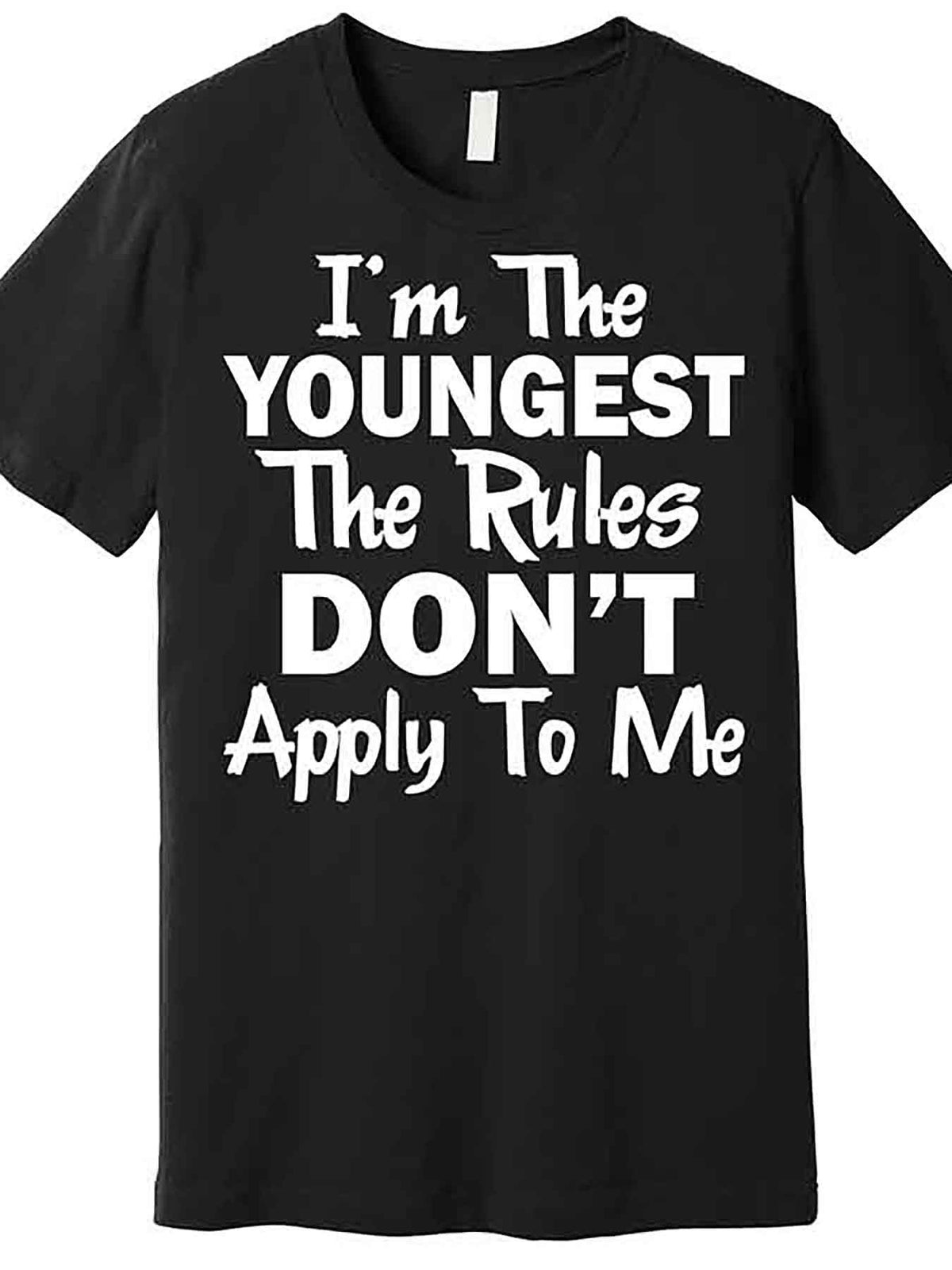 "Funny 'I'm the Youngest the Rules Don't Apply to Me' Men's Premium Cotton Short Sleeve Graphic T-Shirt - Black, Regular Fit, Machine Washable, Lightweight 180 g/m²", Cute T Shirts