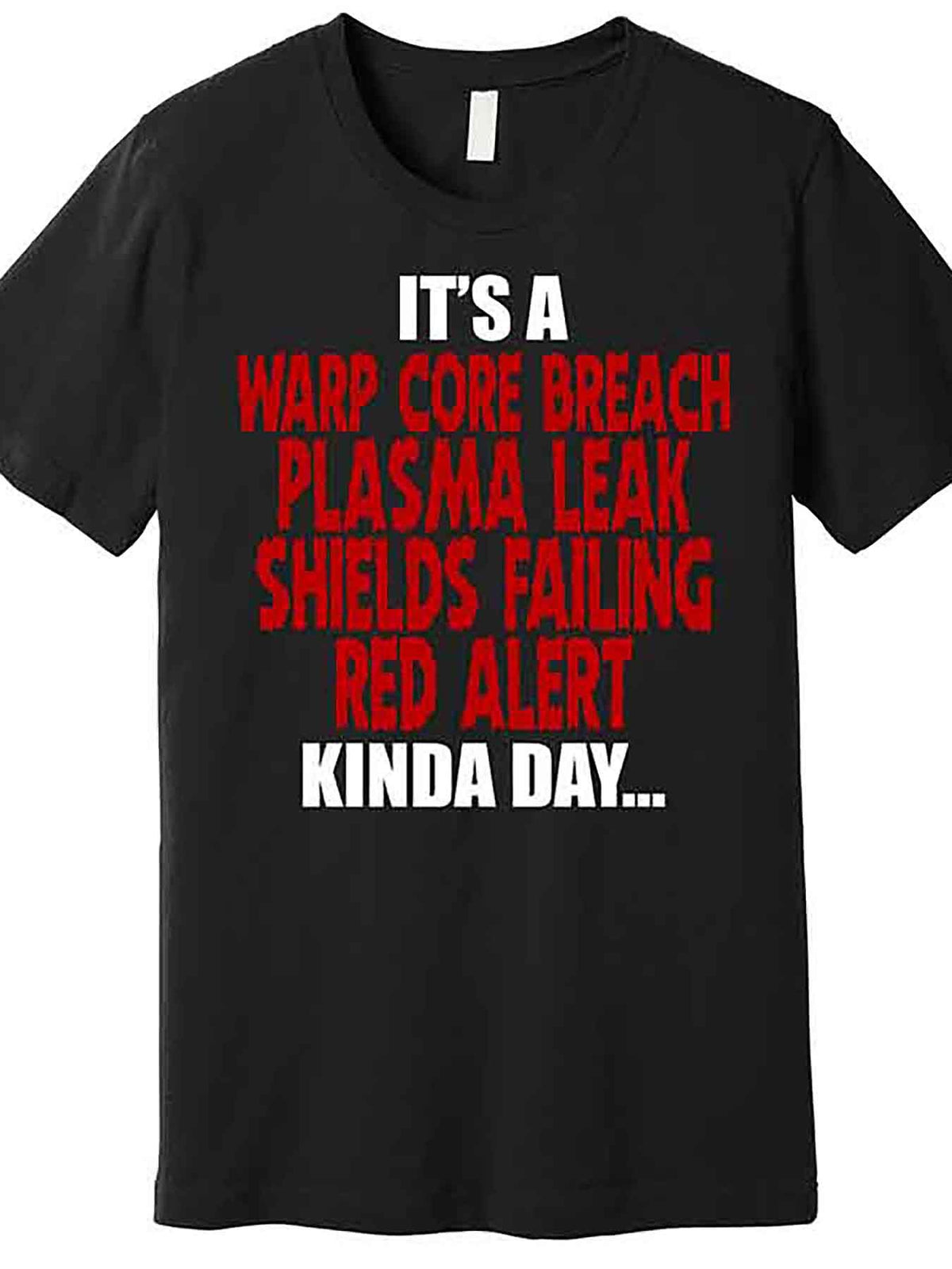 Men's Funny Meme Graphic T-Shirt - "Warp Core Plasma Leak Shield" Red Alert Design, Regular Fit Short Sleeve, Machine Washable Premium Tee for Sci-Fi Fans & Casual Wear (Black)