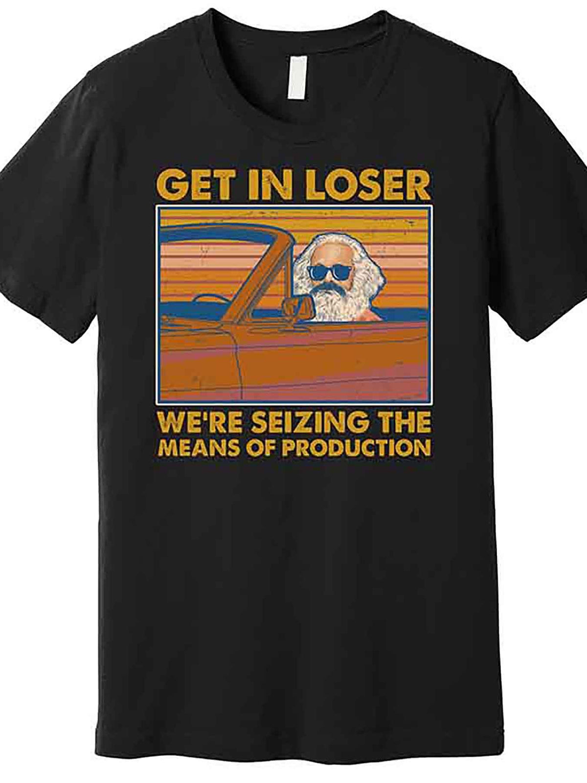 Men’s Funny Karl Marx "Get In Loser" Graphic T-Shirt - Black Cotton Short Sleeve Tee with Vintage Car Design, Casual & Comfortable Fit, Machine Washable, Vintage T Shirts, VLANMON