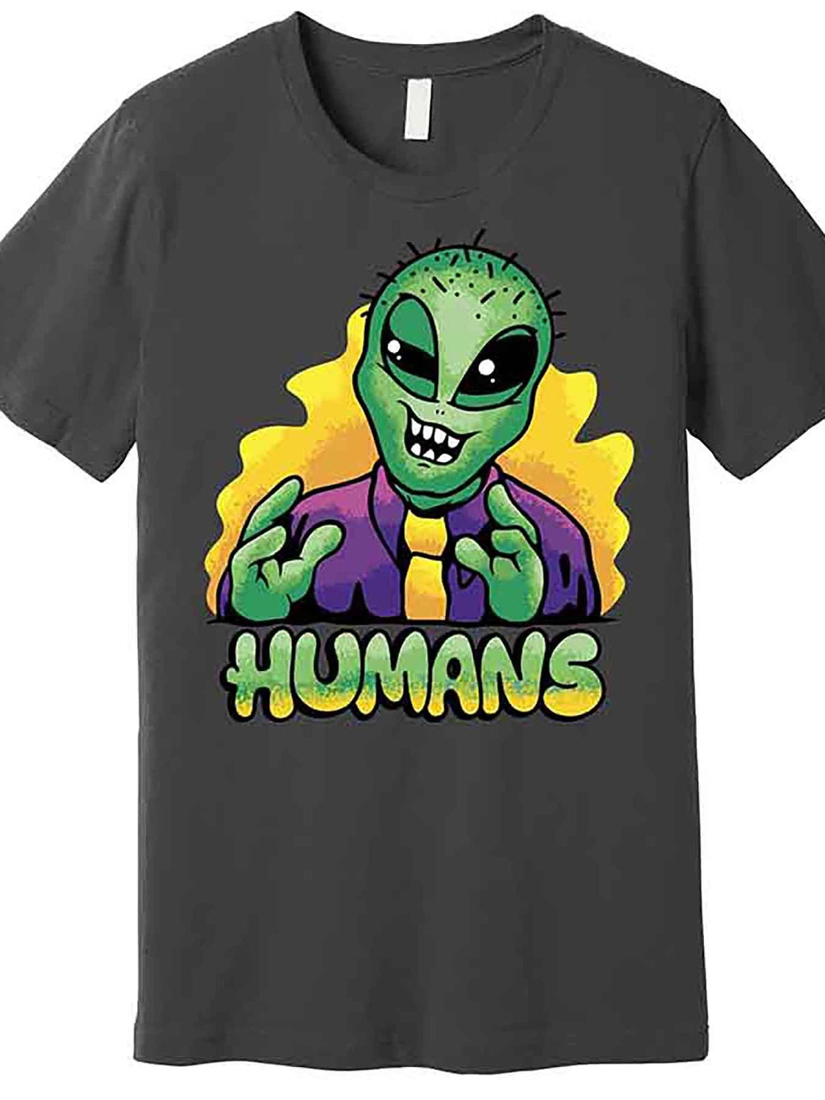 Men’s Funny Alien Graphic T-Shirt - "Humans" Design, Black Cotton Short Sleeve Tee, Casual & Comfortable Fit, Machine Washable, Humorous Alien Thumbs-Up Illustration