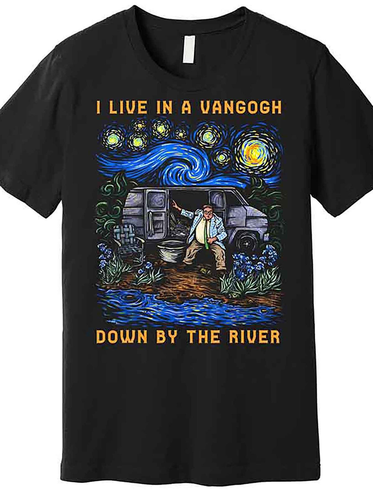Men’s "I Live In A Van Gogh By The River" Graphic T-Shirt - Funny Black Cotton Short Sleeve Tee, Starry Night Inspired Design, Casual & Comfortable Fit, Everyday Tshirt | Playful Graphic Tee | Glossy Finish