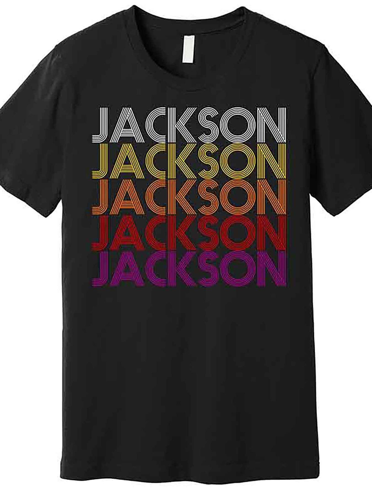 Jackson City Retro Graphic T-Shirt - Men’s Short Sleeve Cotton Tee, Black with Colorful Gradient "JACKSON" Print, Casual Round Neck, Machine Washable, Music Fan Apparel | Round Neck Tshirt | Nontransparent Material
