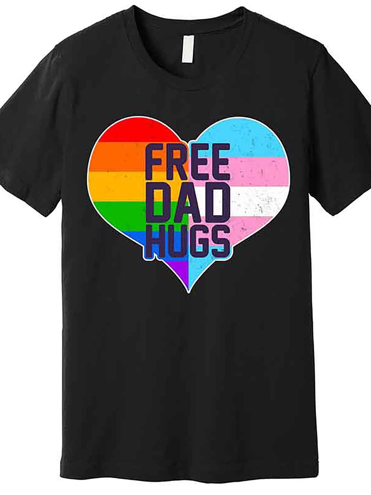 Men's "Free Dad Hugs" Rainbow Heart Graphic T-Shirt - Black Cotton Casual Short Sleeve Tee, LGBT Pride Design, Machine Washable, Fathers Day Tshirt