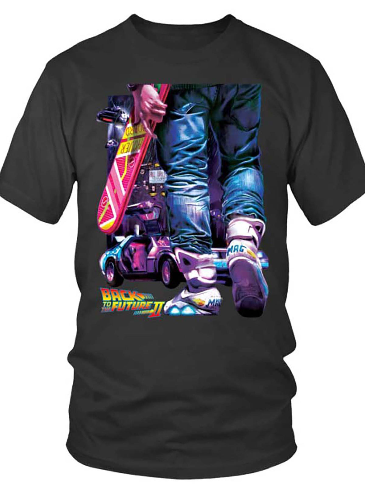 Men's "Back to the Future Part II" Graphic T-Shirt - Vibrant Short Sleeve, 100% Cotton, Black with Colorful Sneaker and DeLorean Design, Casual Fit