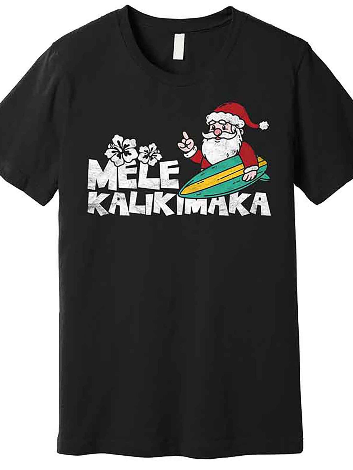 Men’s Hawaiian Christmas Graphic T-Shirt - "Mele Kalikimaka" Santa Surfing Design, Black Cotton Short Sleeve Tee, Casual & Fun Holiday Shirt for Men, Festive Attire | Humorous Graphic Tee | Applique Details, VLANMON