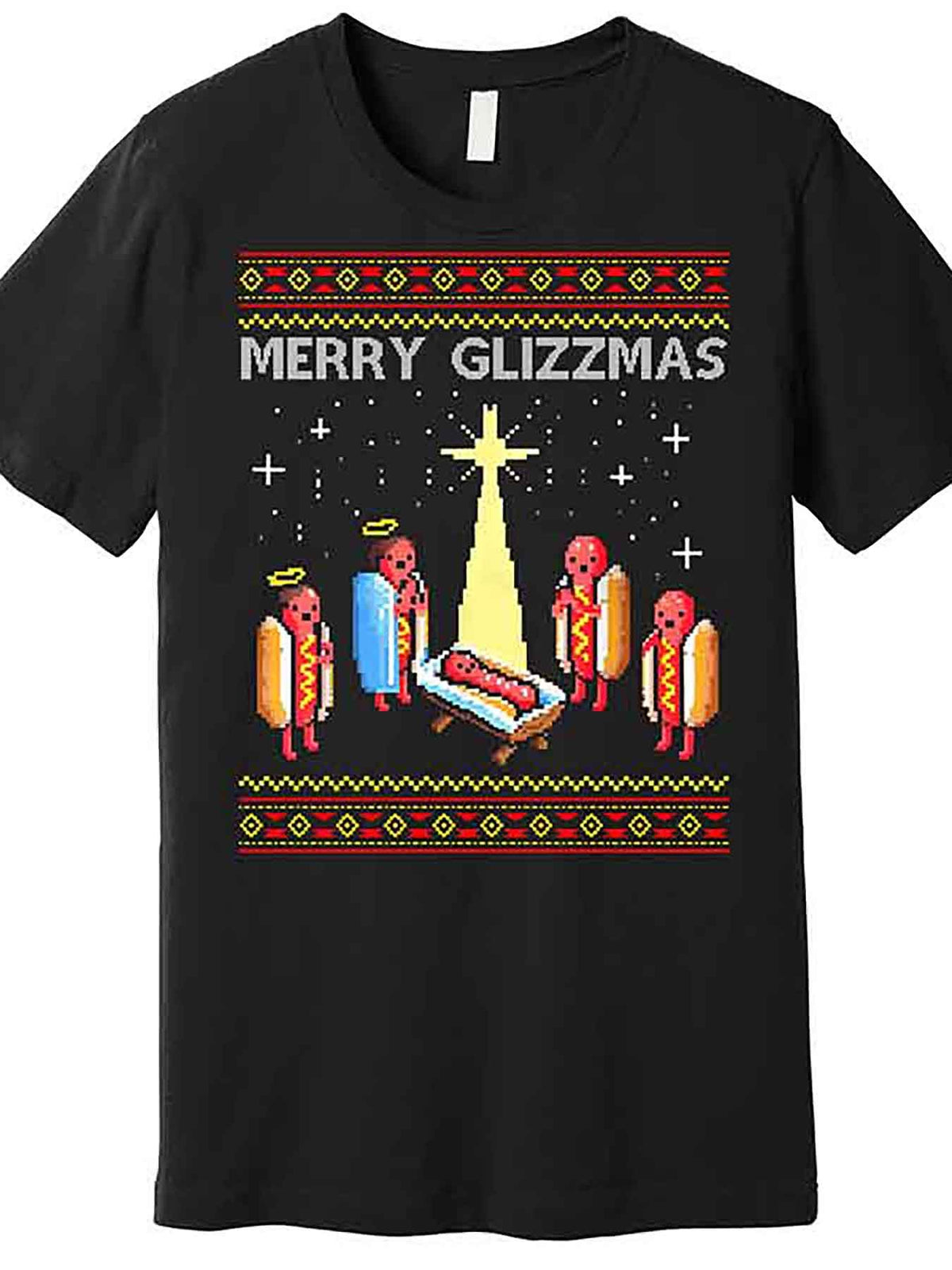 Merry Glizzmas Funny Christmas Men’s Graphic T-Shirt - Black Short Sleeve Cotton Casual Tee with Festive Hot Dog Design, Christmas Shirts