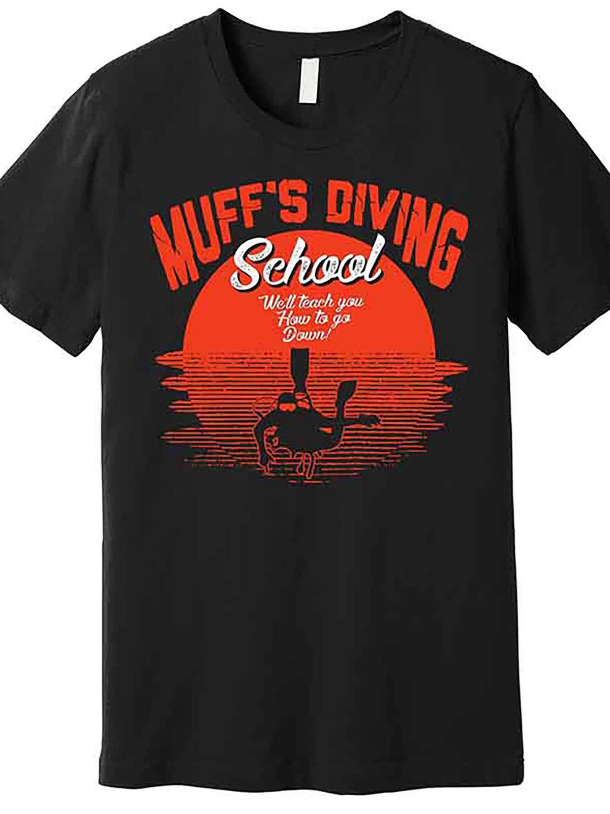 Men's Funny "Muffs Diving School" Graphic T-Shirt - Black Short Sleeve Cotton Tee with Retro Diving Illustration, Casual Round Neck, Machine Washable, Everyday Tshirt | Humorous Graphic Tee | Glossy Finish