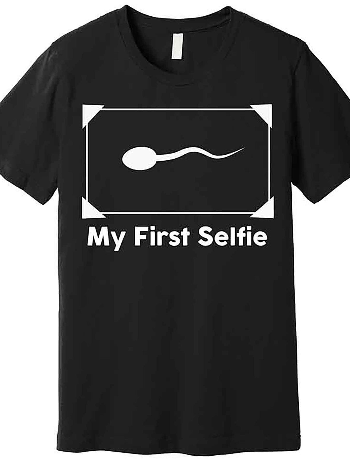Men’s "My First Selfie" Funny Graphic T-Shirt - Black Cotton Short Sleeve Tee with Humorous Sperm Design, Casual Round Neck, Machine Washable