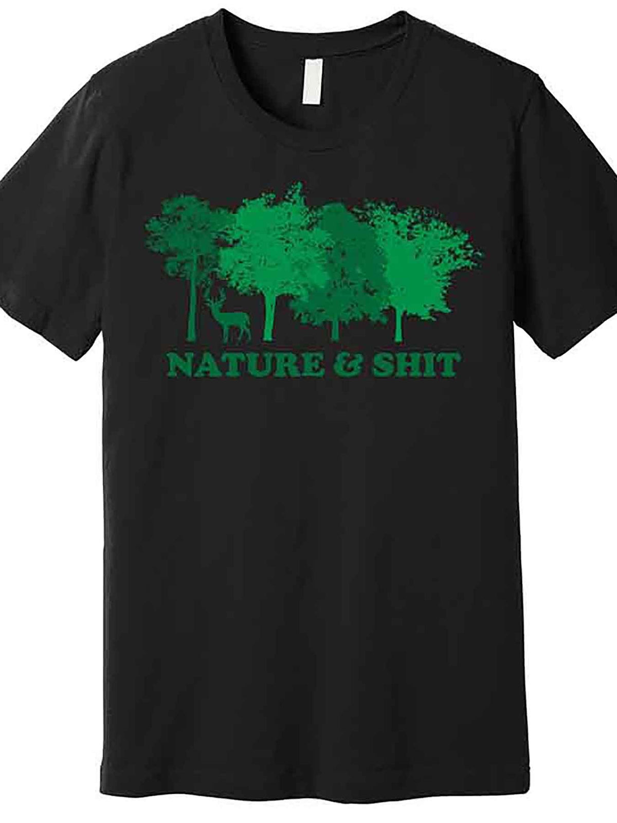 Men’s Funny "Nature & Shit" Graphic T-Shirt - Black Short Sleeve Cotton Tee with Deer & Forest Design, Casual Round Neck, Machine Washable, Humorous Apparel | Casual Style |, Funny T Shirts