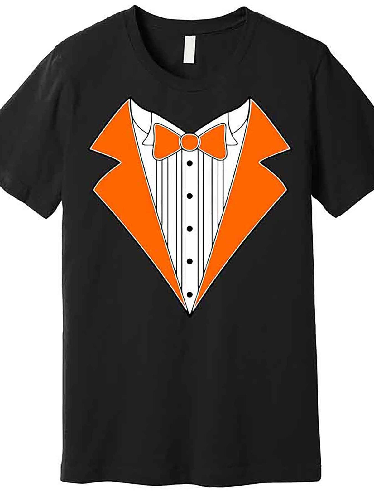 Men’s Black Graphic Tuxedo T-Shirt - Funny Short Sleeve Crew Neck Tee with Orange Tuxedo Design for Weddings, Bachelor Parties & Proms - Premium Cotton Casual Wear