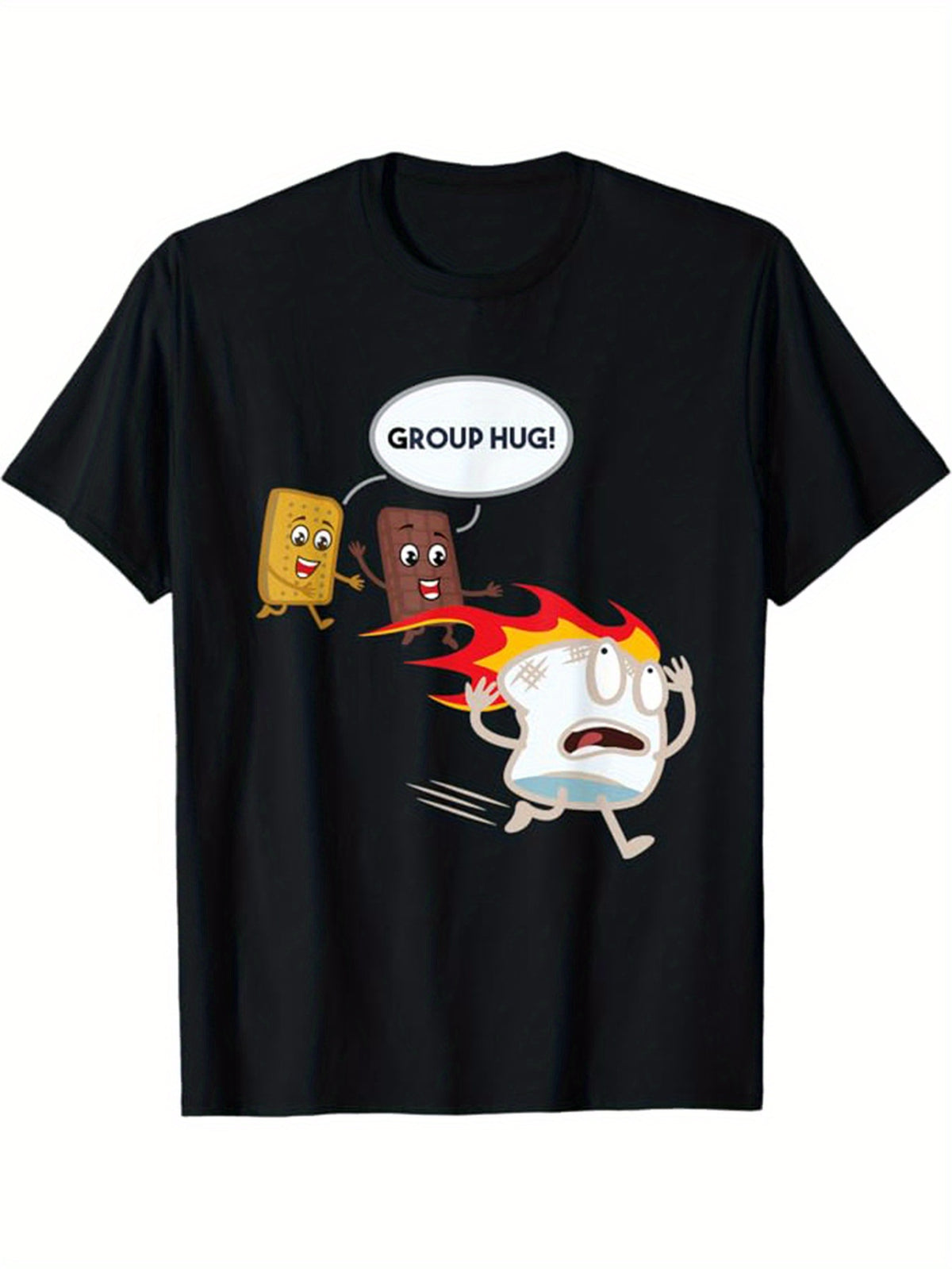 Men's Group Hug! Graphic Cotton T-Shirt - Fun Cartoon Print, Casual Loose Fit, Short Sleeve, Round Neck, Machine Washable, Black with Playful Design