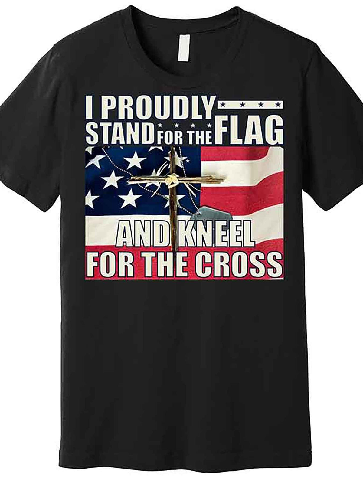 Men’s Patriotic Graphic T-Shirt - "Proudly Stand for the Flag and Kneel for the Cross" Design, Black Cotton Short Sleeve, Casual Comfort Fit, Machine Washable, American Flag Clothes