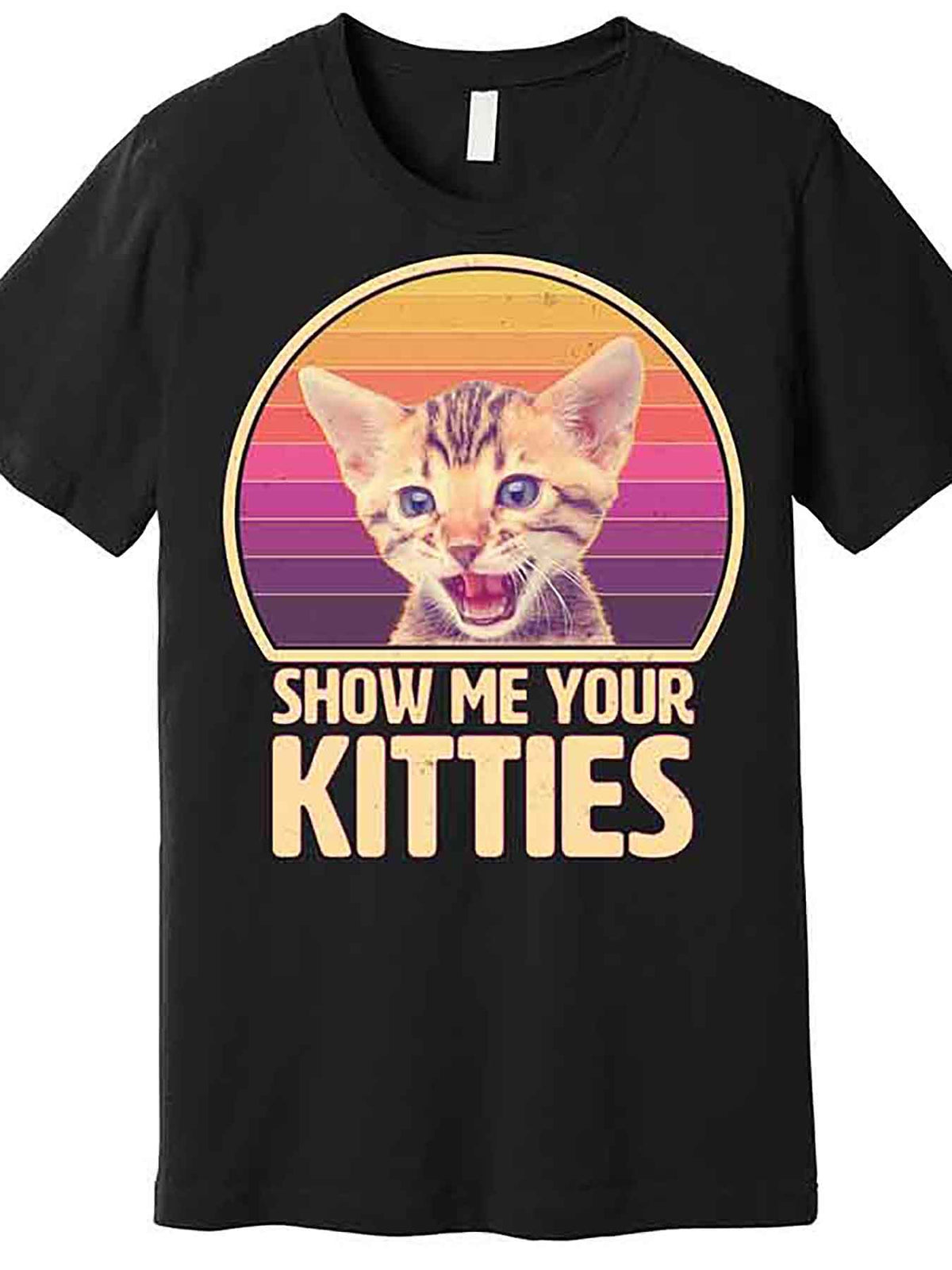 Retro "Show Me Your Kitties" Funny Men’s Graphic T-Shirt - Black Short Sleeve Casual Tee with Playful Cat Design, Machine Washable, Perfect for Cat Lovers