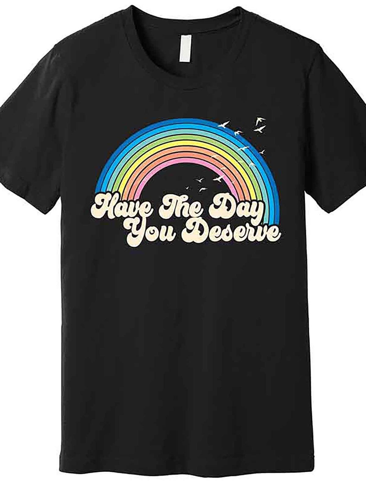 [Playful Charm] Men’s Retro "Have The Day You Deserve" Rainbow Graphic T-Shirt - Funny Black Short Sleeve Cotton Tee, Casual Round Neck, Machine Washable, Medium Stretch Fabric, Vintage Tshirt