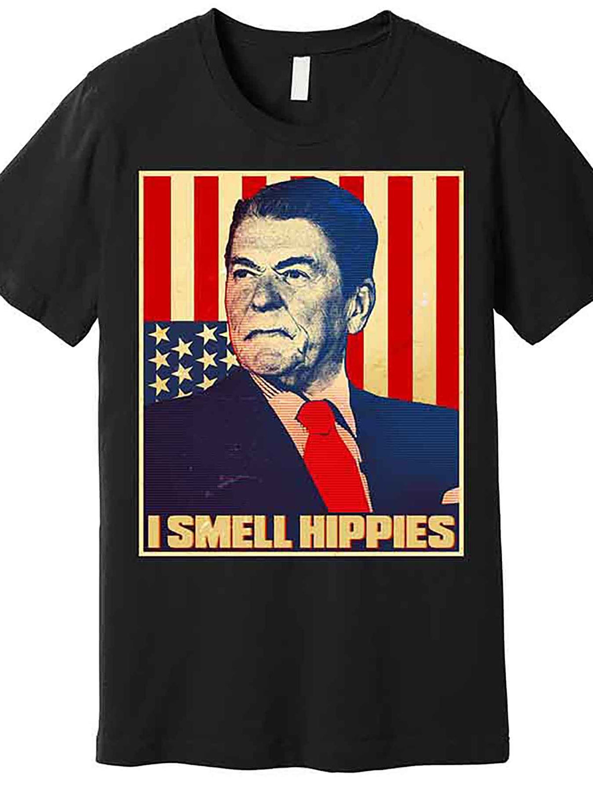 Men's Vintage Reagan "I Smell Hippies" Graphic T-Shirt - Funny Short Sleeve Cotton Tee, Black, Casual Retro Design with American Flag & Reagan Illustration, Machine Washable, Retro T Shirt