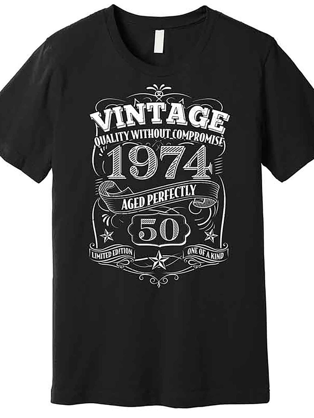 Men’s Vintage 1974 Graphic T-Shirt - "Vintage Quality Without Compromise" Design, Funny 50th Birthday Tee, Black Cotton Short Sleeve, Casual & Comfortable Fit, Everyday Tshirt | Bold Print Tee | Costume Tshirt