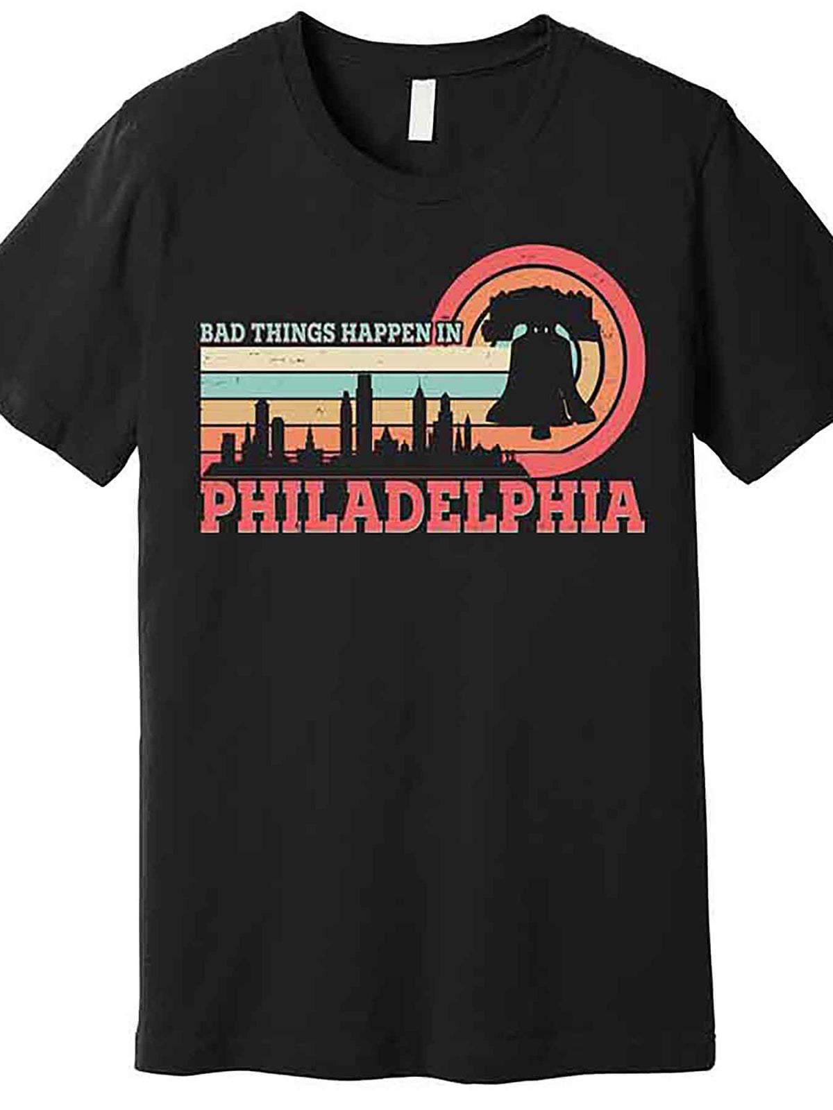 Men’s Vintage Retro "Bad Things Happen in Philadelphia" Graphic T-Shirt - Funny Short Sleeve Cotton Tee, Black with Colorful Illustration, Casual Round Neck, Machine Washable, Casual Wear Tee | Citythemed Shirt | Easycare Garment