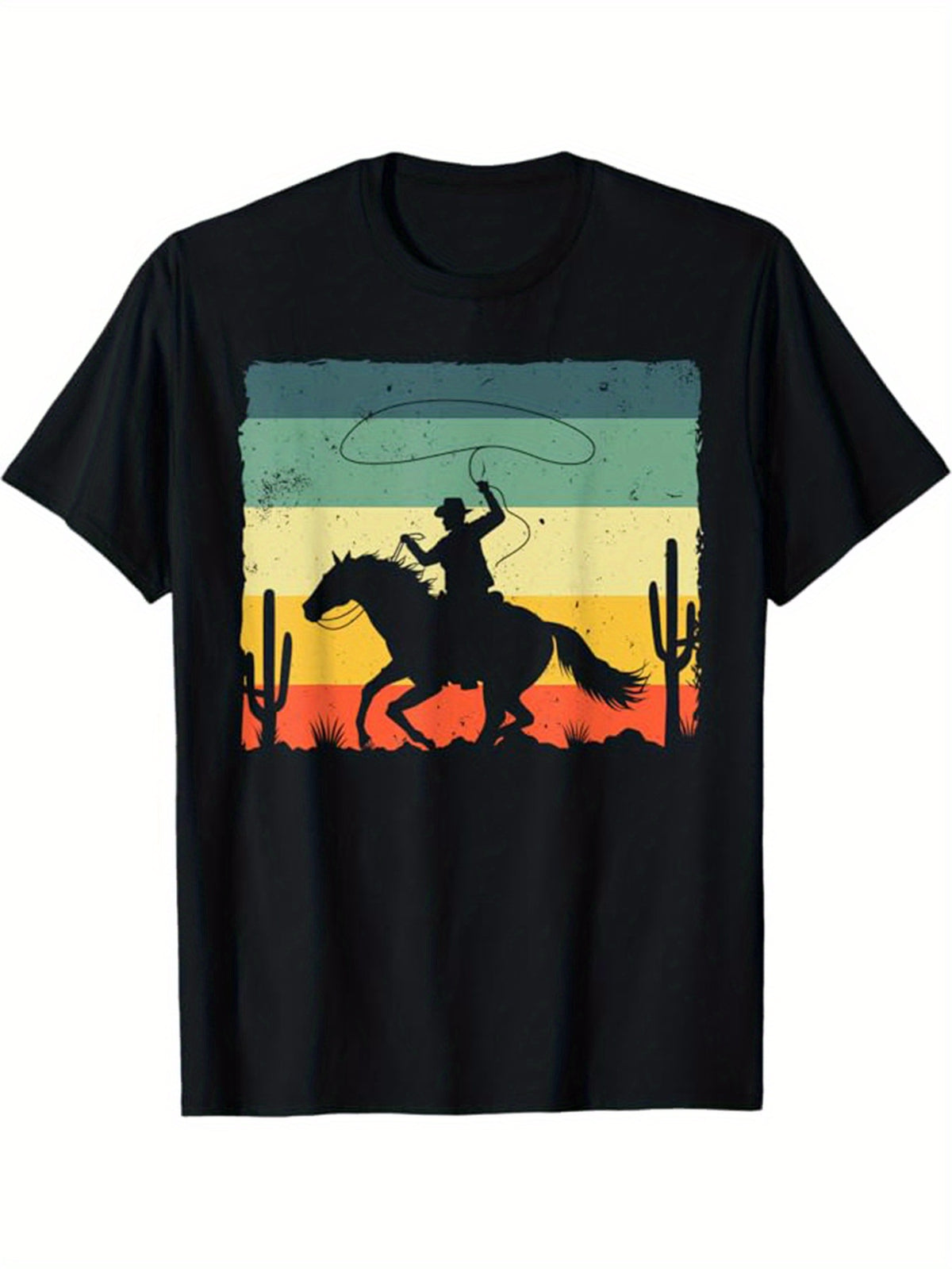 Western Cowboy Print Men's Cotton Top, Casual Short Sleeve Crew Neck T-shirt, Men's Clothing For Outdoor