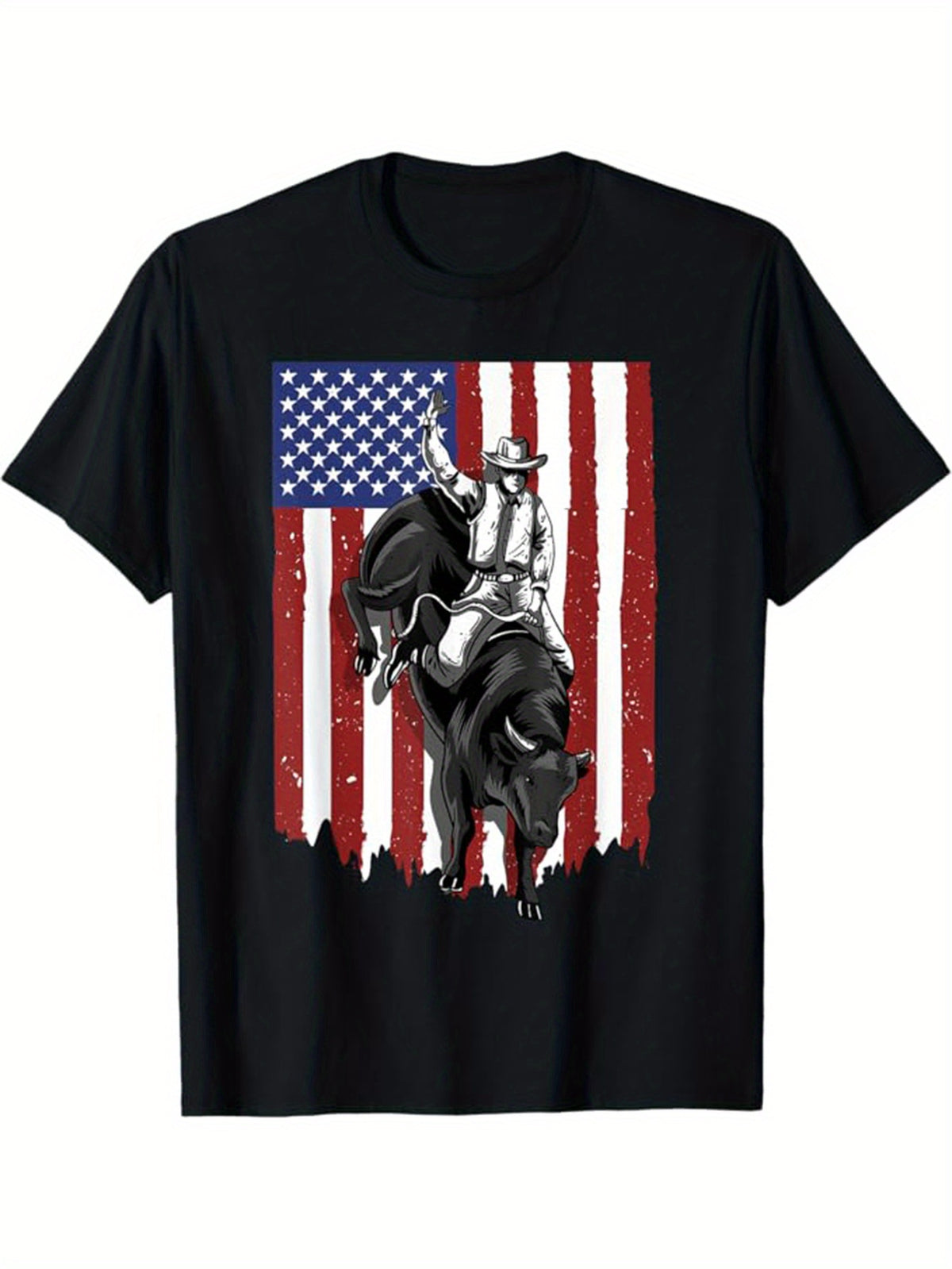 Men's Western Cowboy Print Cotton T-Shirt - Casual Short Sleeve Crew Neck, American Flag & Horseback Design, Machine Washable, All-Season Wear