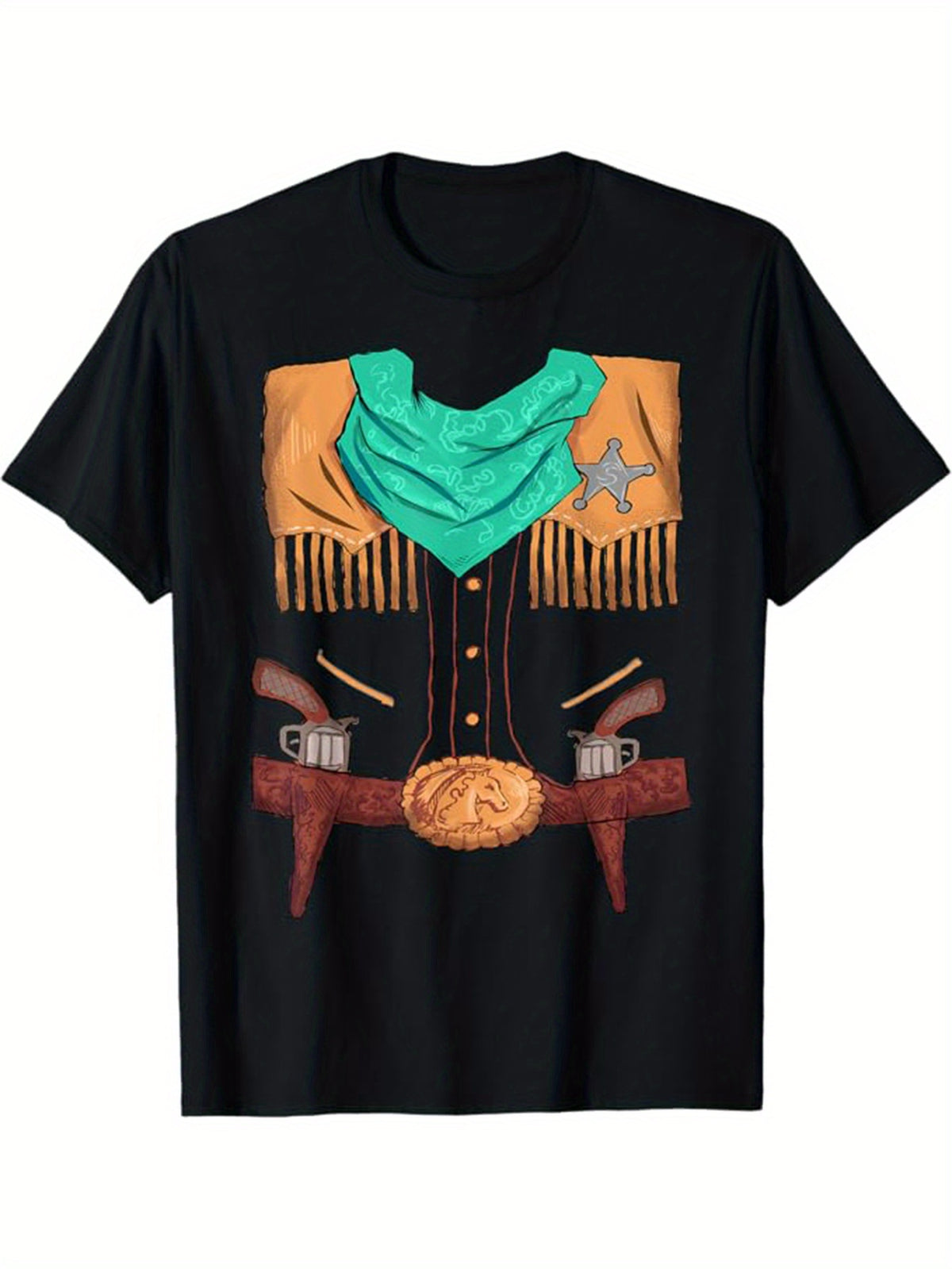 Western Cowboy Print Men's Cotton Top, Casual Short Sleeve Crew Neck T-shirt, Men's Clothing For Outdoor