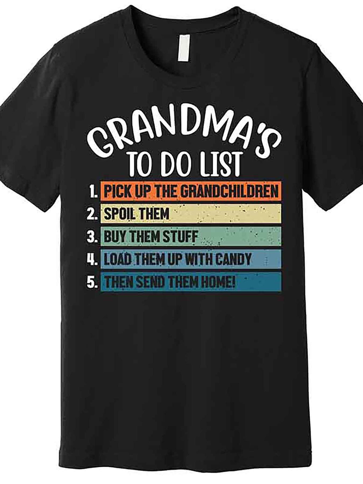 [Home Relaxation] Grandma's to-Do List Funny Graphic T-Shirt, 100% Cotton Crew Neck Tee, Casual Style, Medium Stretch, Solid Color with Applique Detail, Regular Fit - Black