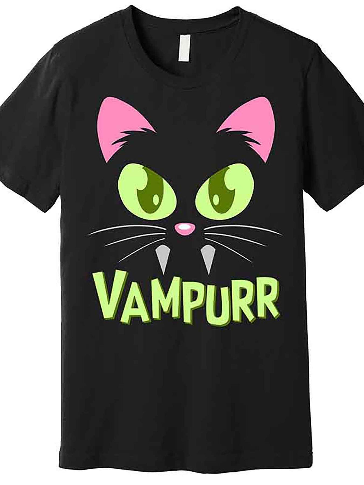 Men’s Halloween Vampurr Funny Cat Graphic T-Shirt - Black Short Sleeve Cotton Tee with Playful Green Eyes & Fangs Design, Casual Round Neck, Machine Washable, Halloween Costumes, VLANMON