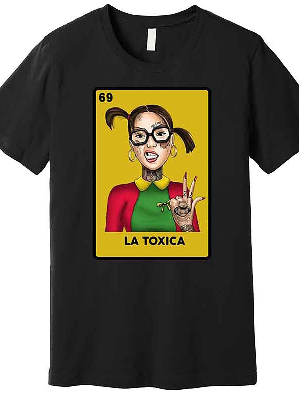 Men's "La Toxica" 69 Lottery Card Graphic T-Shirt - Black Cotton, Casual Short Sleeve with Vibrant Illustration, Machine Washable, Everyday Tshirt | Playful Design Shirt | Cotton Tshirt