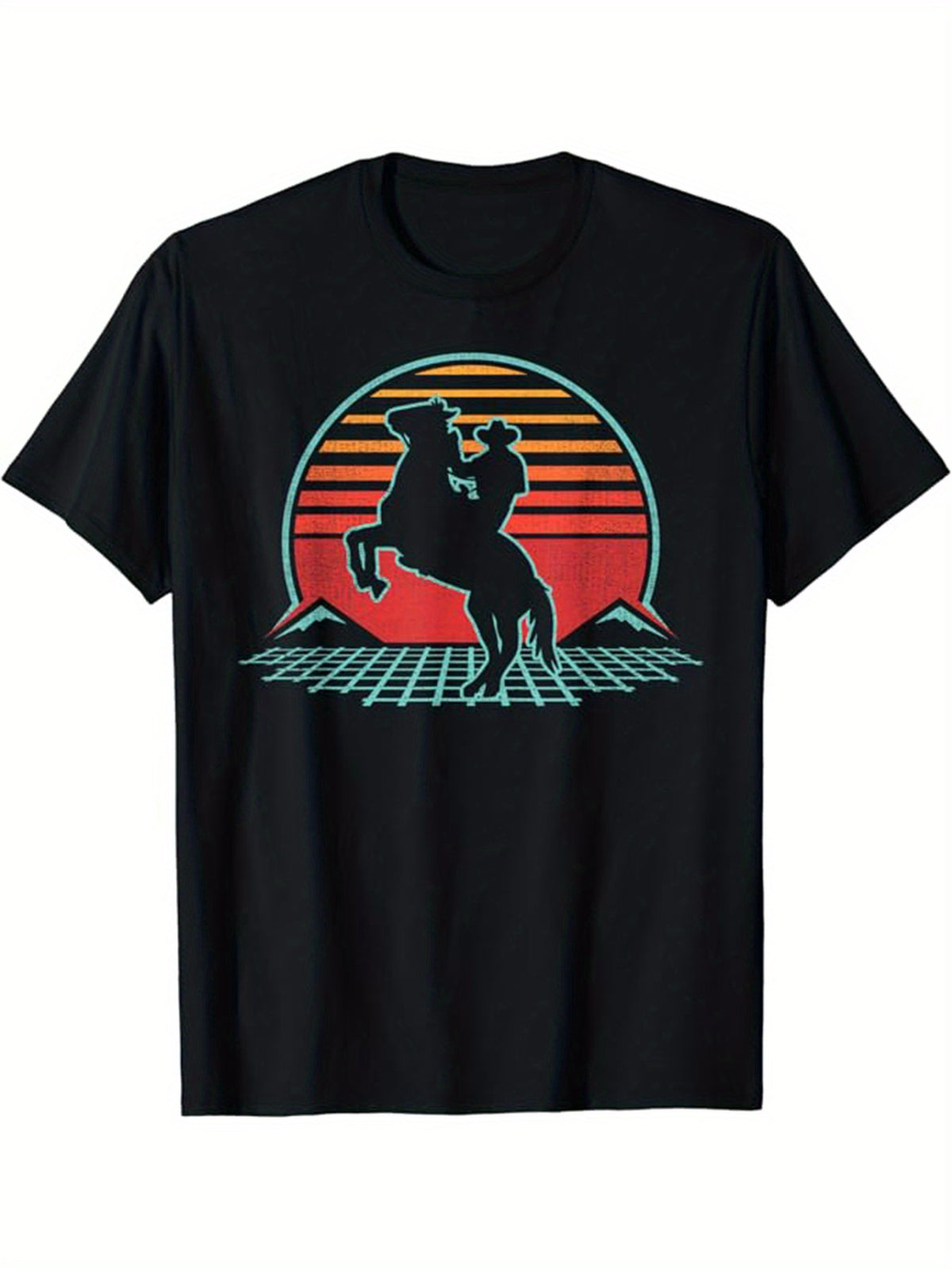 Western Cowboy Print Men's Cotton Graphic T-shirt, Casual Short Sleeve Crew Neck T-shirt, Men's Tee For Outdoor